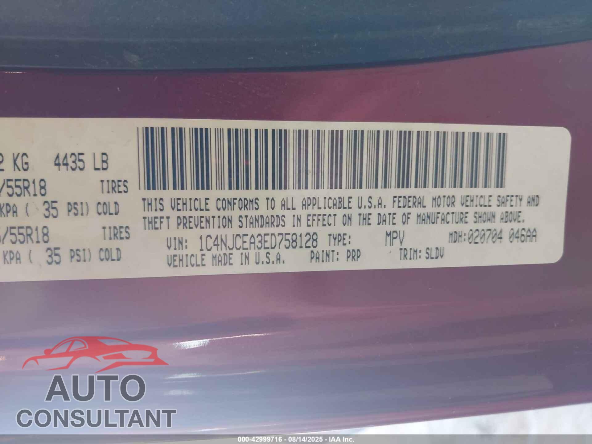 JEEP COMPASS 2014 - 1C4NJCEA3ED758128