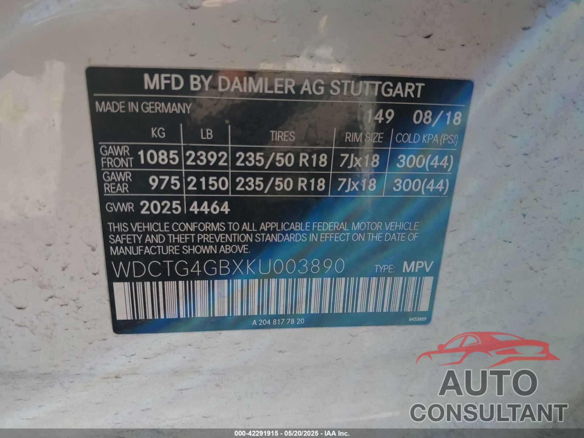 MERCEDES-BENZ GLA 250 2019 - WDCTG4GBXKU003890