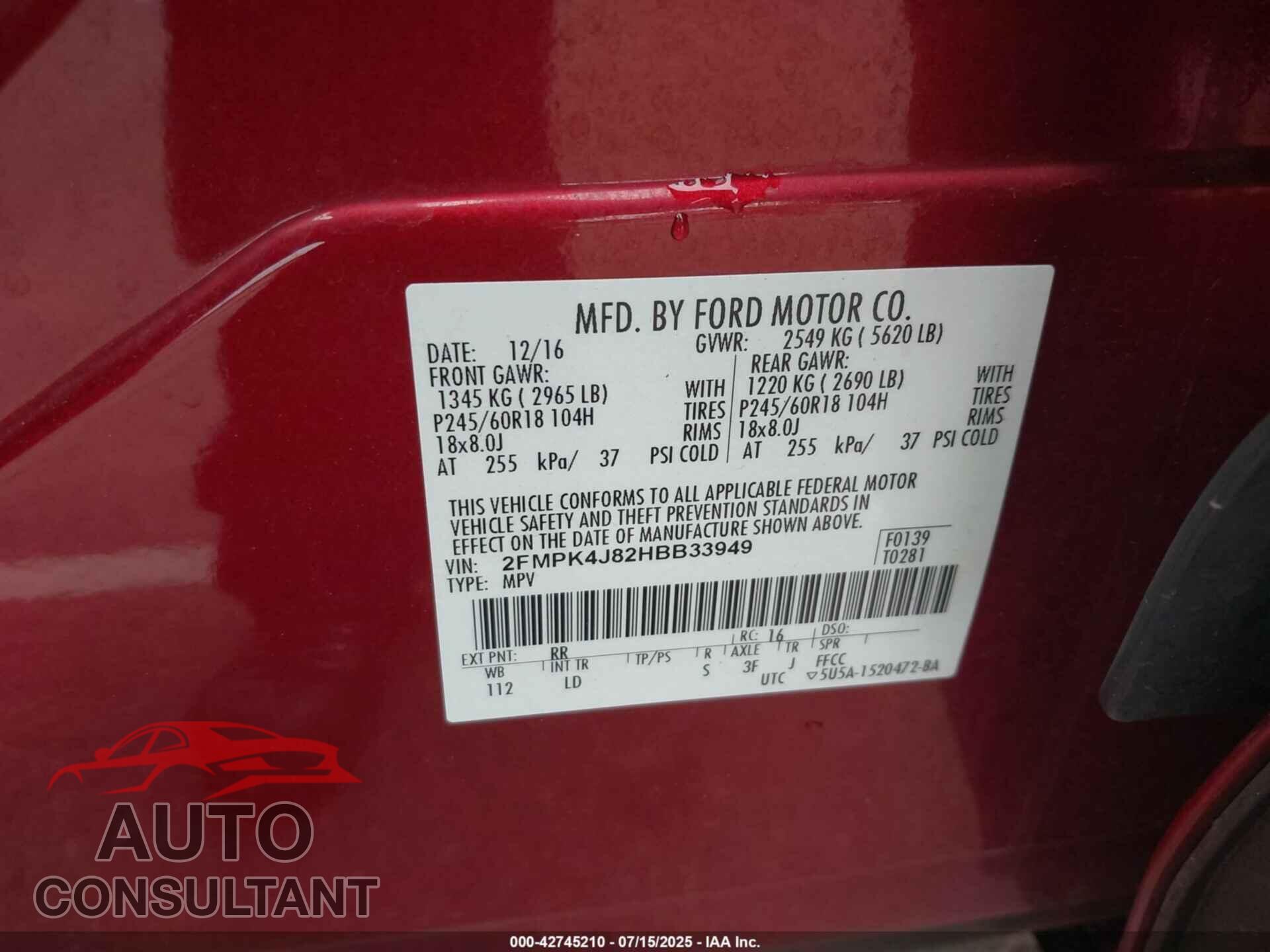 FORD EDGE 2017 - 2FMPK4J82HBB33949
