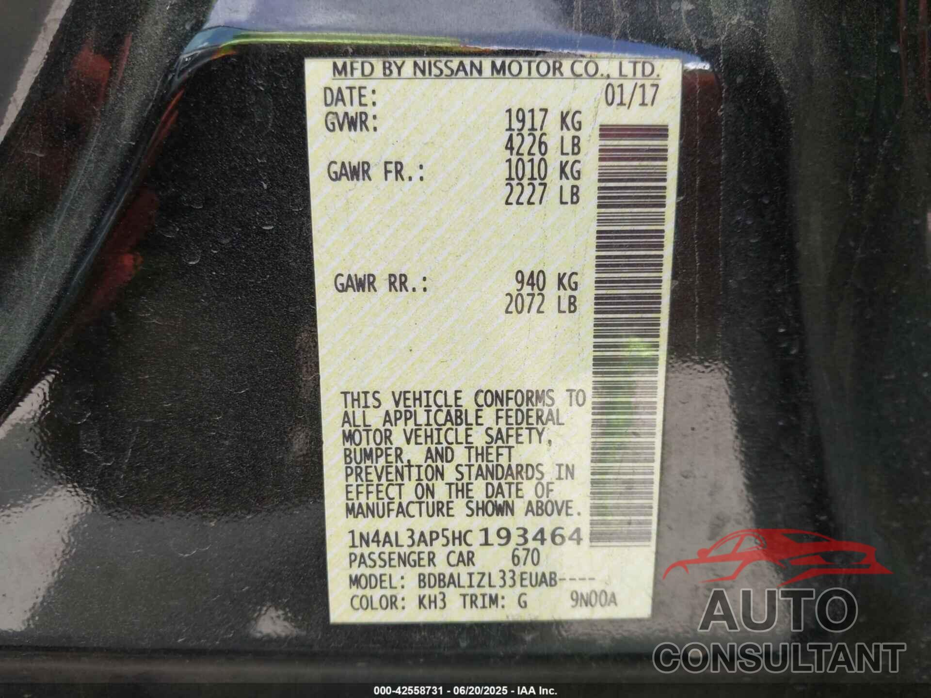 NISSAN ALTIMA 2017 - 1N4AL3AP5HC193464