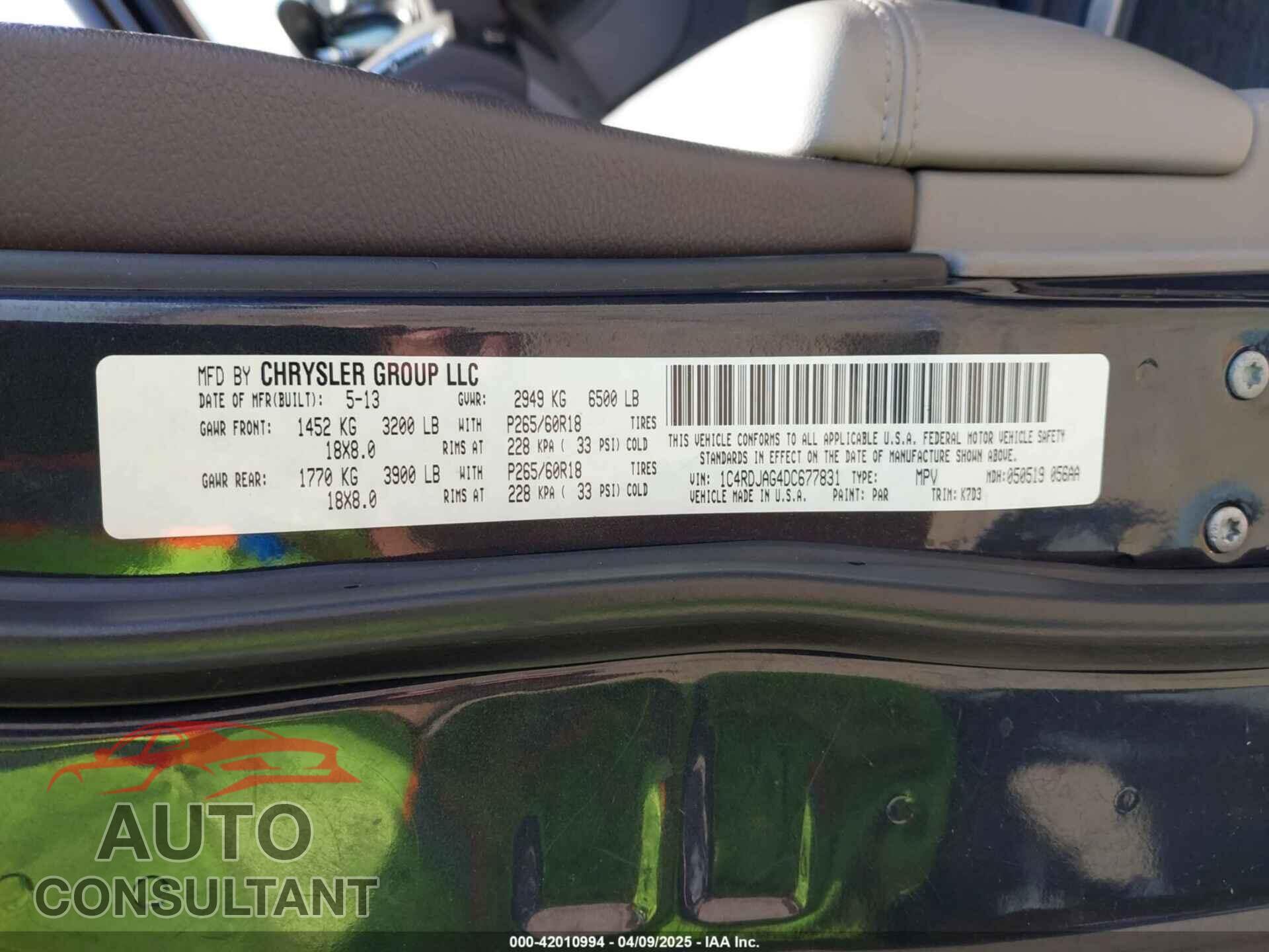 DODGE DURANGO 2013 - 1C4RDJAG4DC677831