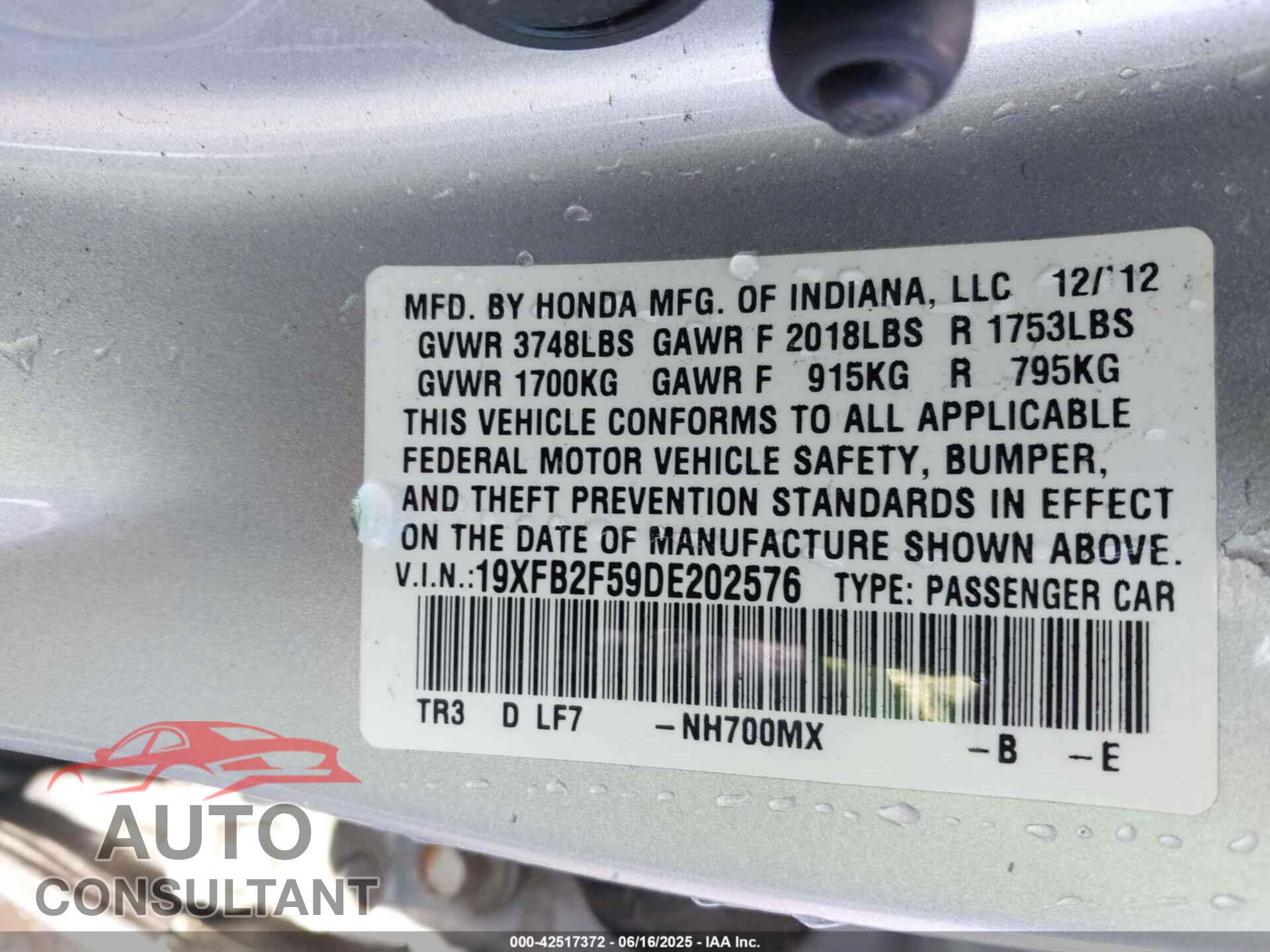 HONDA CIVIC 2013 - 19XFB2F59DE202576