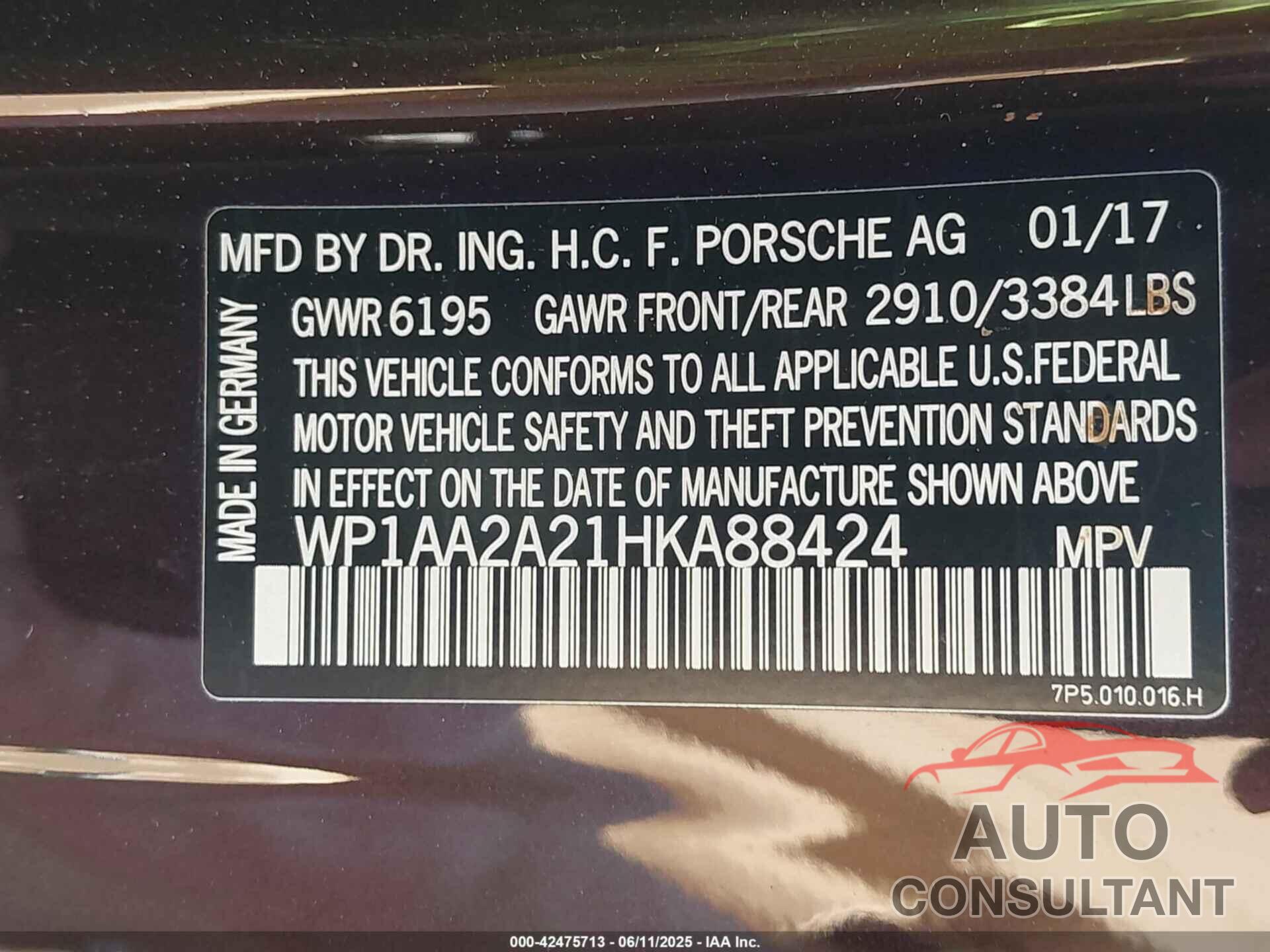 PORSCHE CAYENNE 2017 - WP1AA2A21HKA88424