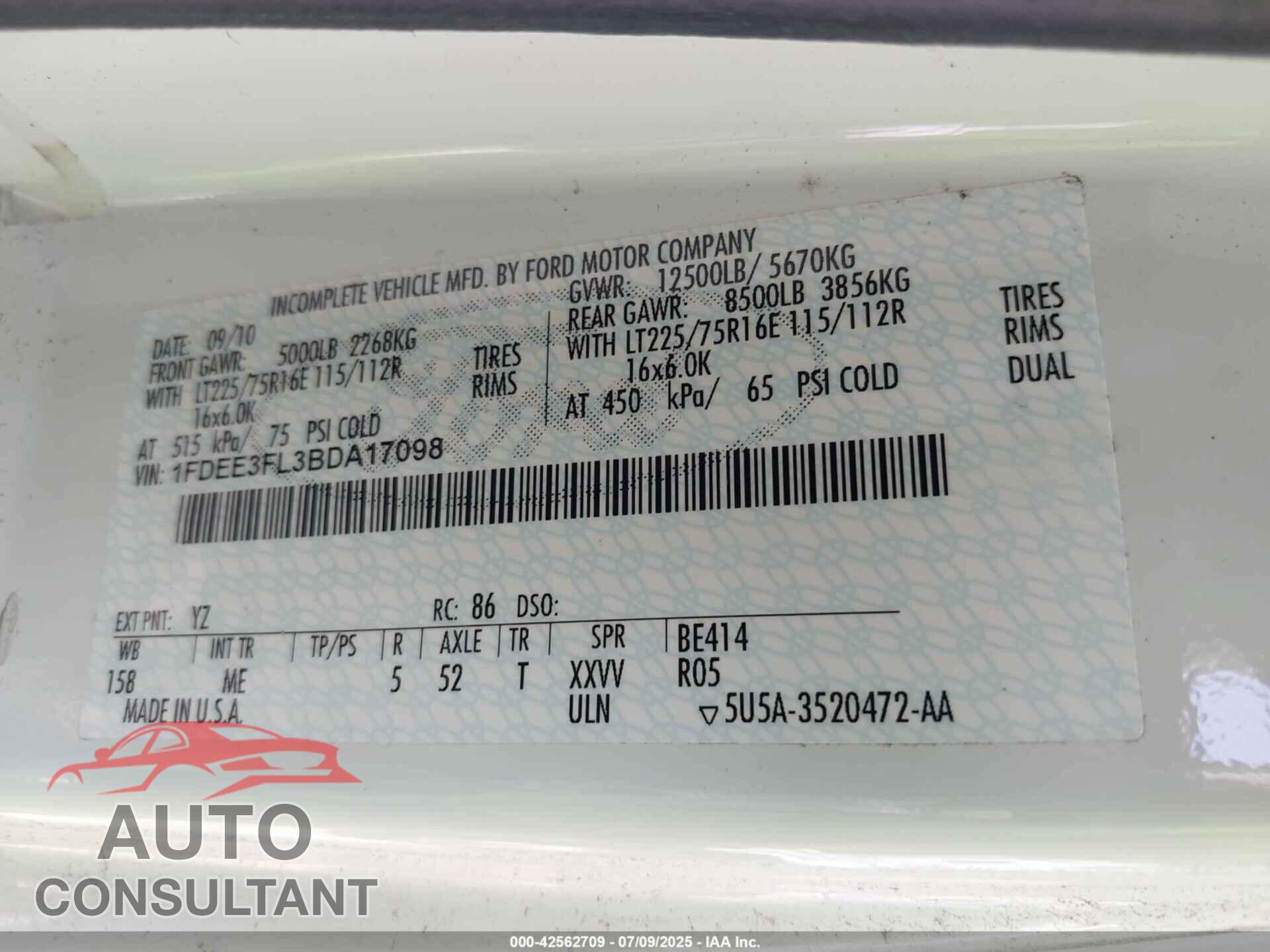 FORD E-350 CUTAWAY 2011 - 1FDEE3FL3BDA17098
