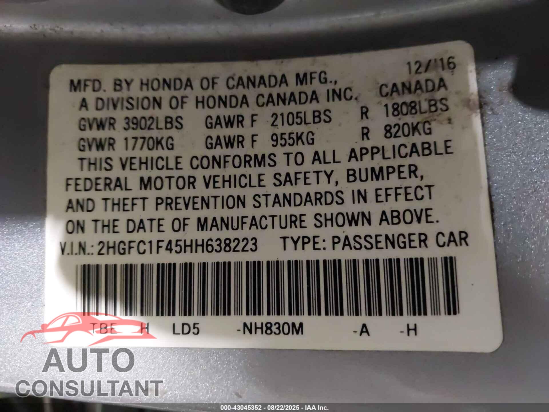 HONDA CIVIC 2017 - 2HGFC1F45HH638223