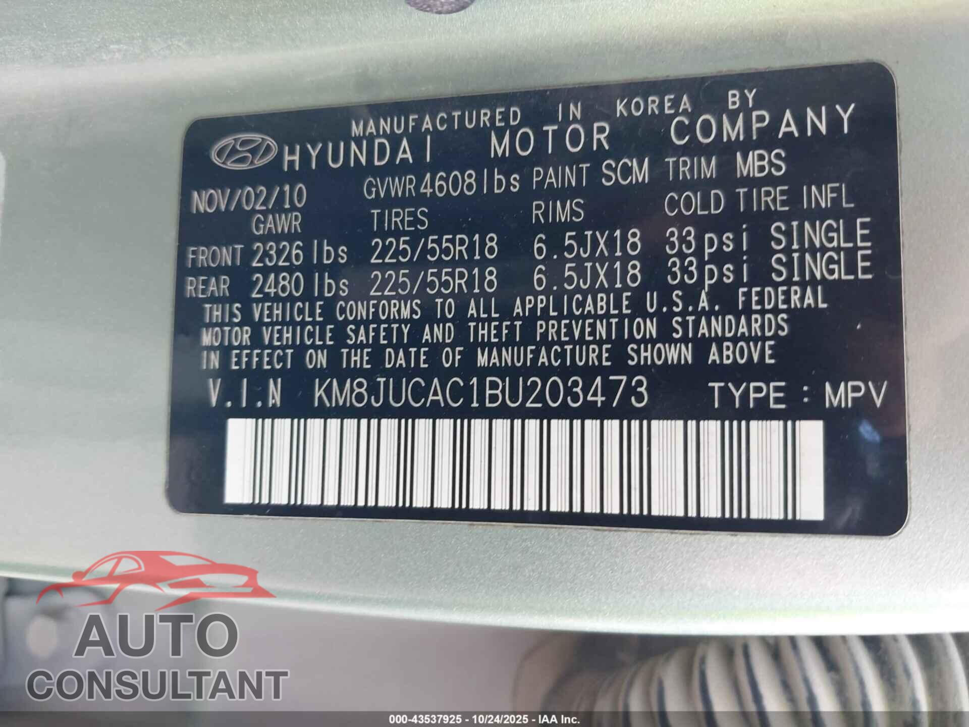HYUNDAI TUCSON 2011 - KM8JUCAC1BU203473