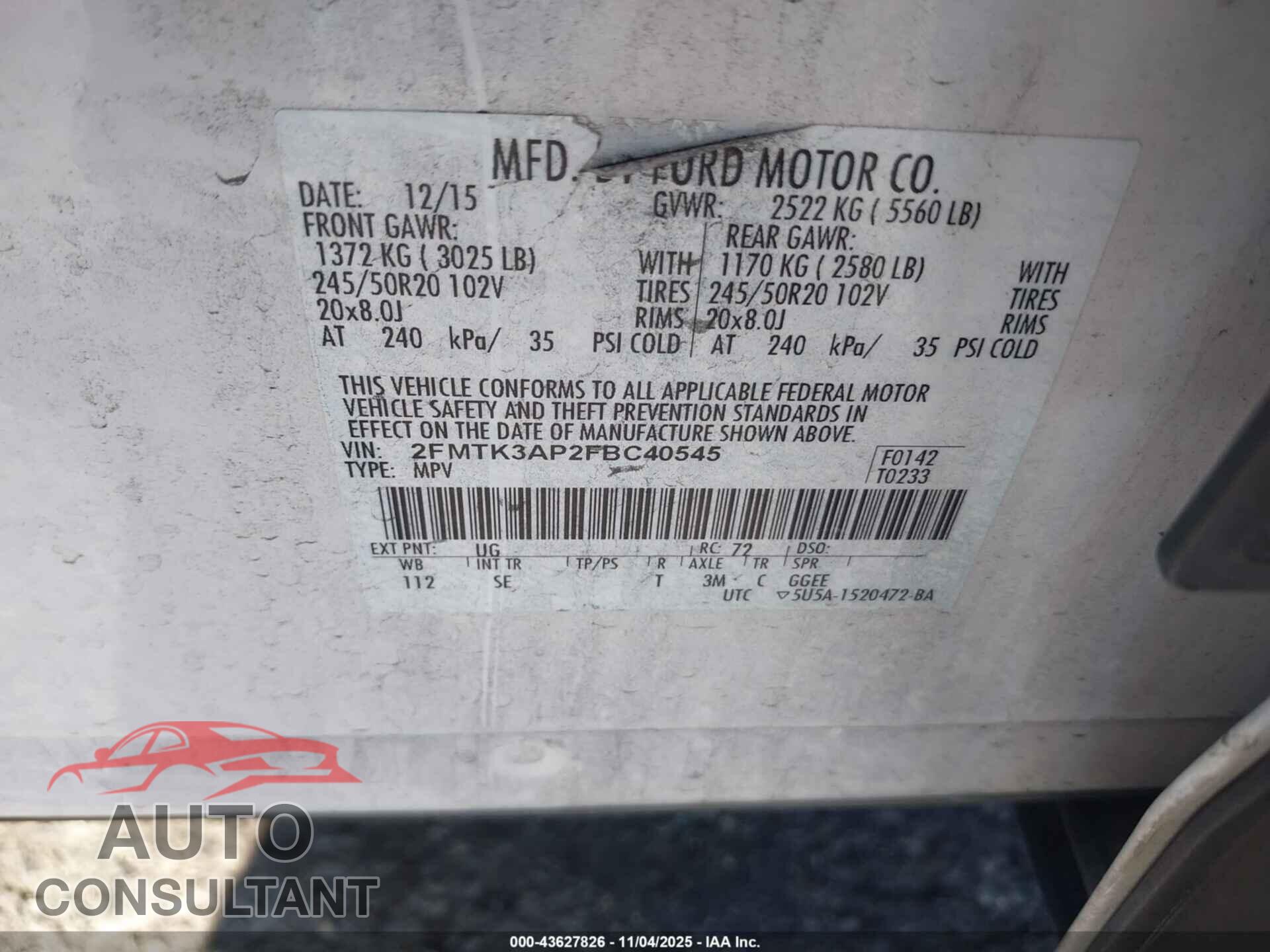FORD EDGE 2015 - 2FMTK3AP2FBC40545