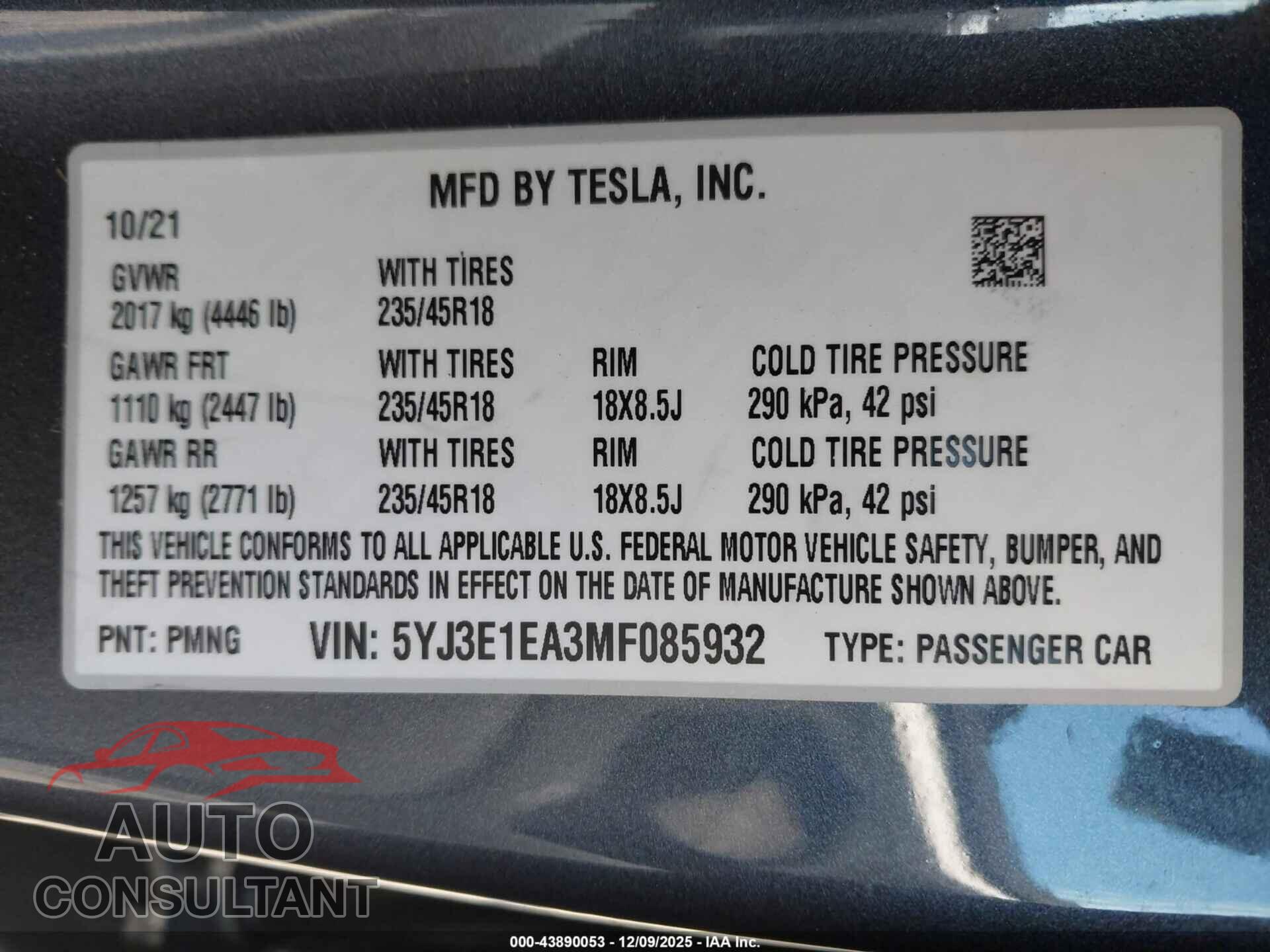 TESLA MODEL 3 2021 - 5YJ3E1EA3MF085932