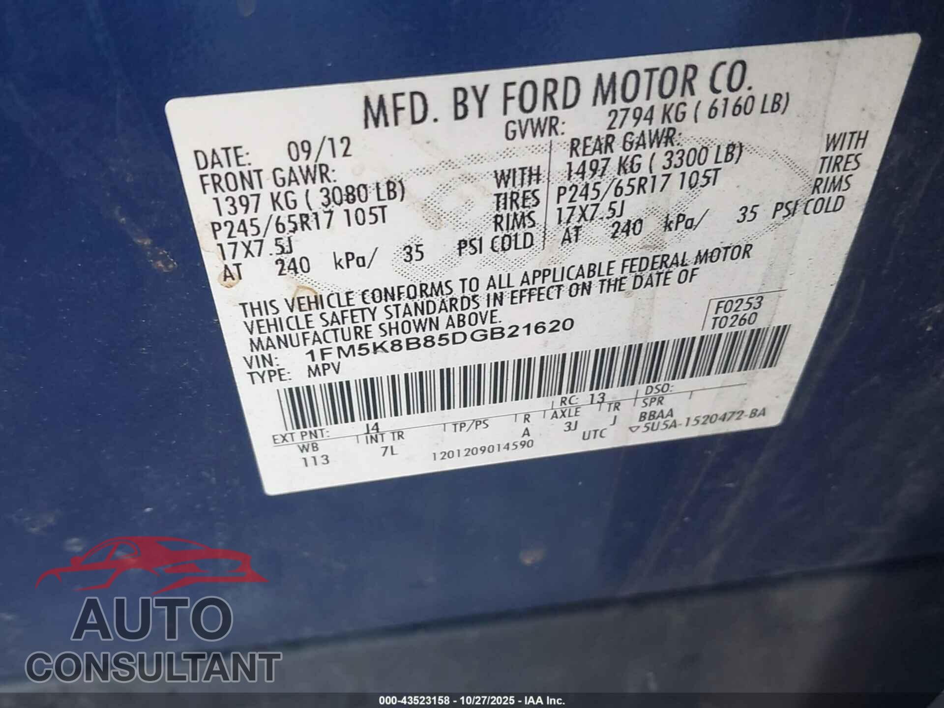 FORD EXPLORER 2013 - 1FM5K8B85DGB21620