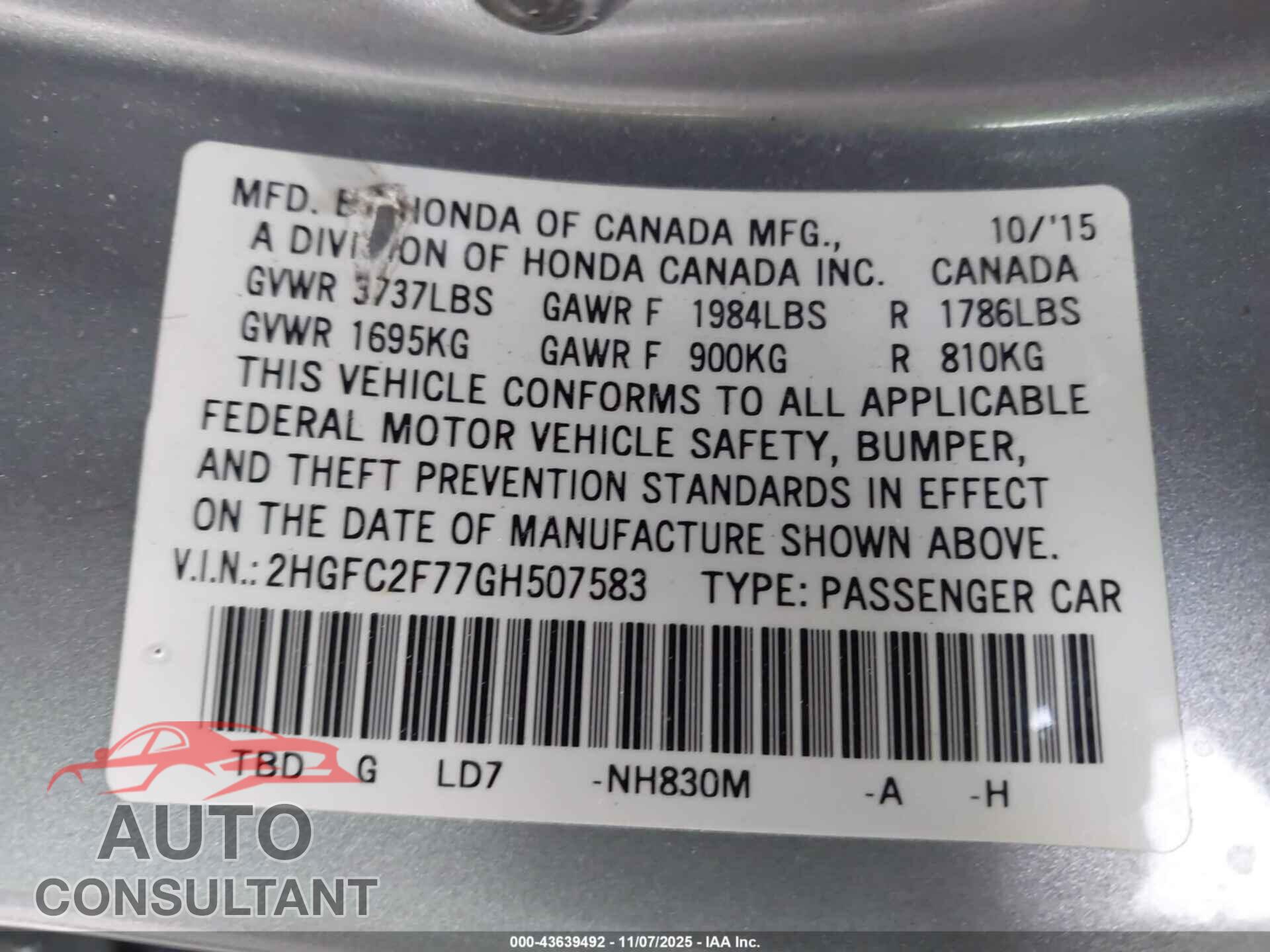 HONDA CIVIC 2016 - 2HGFC2F77GH507583