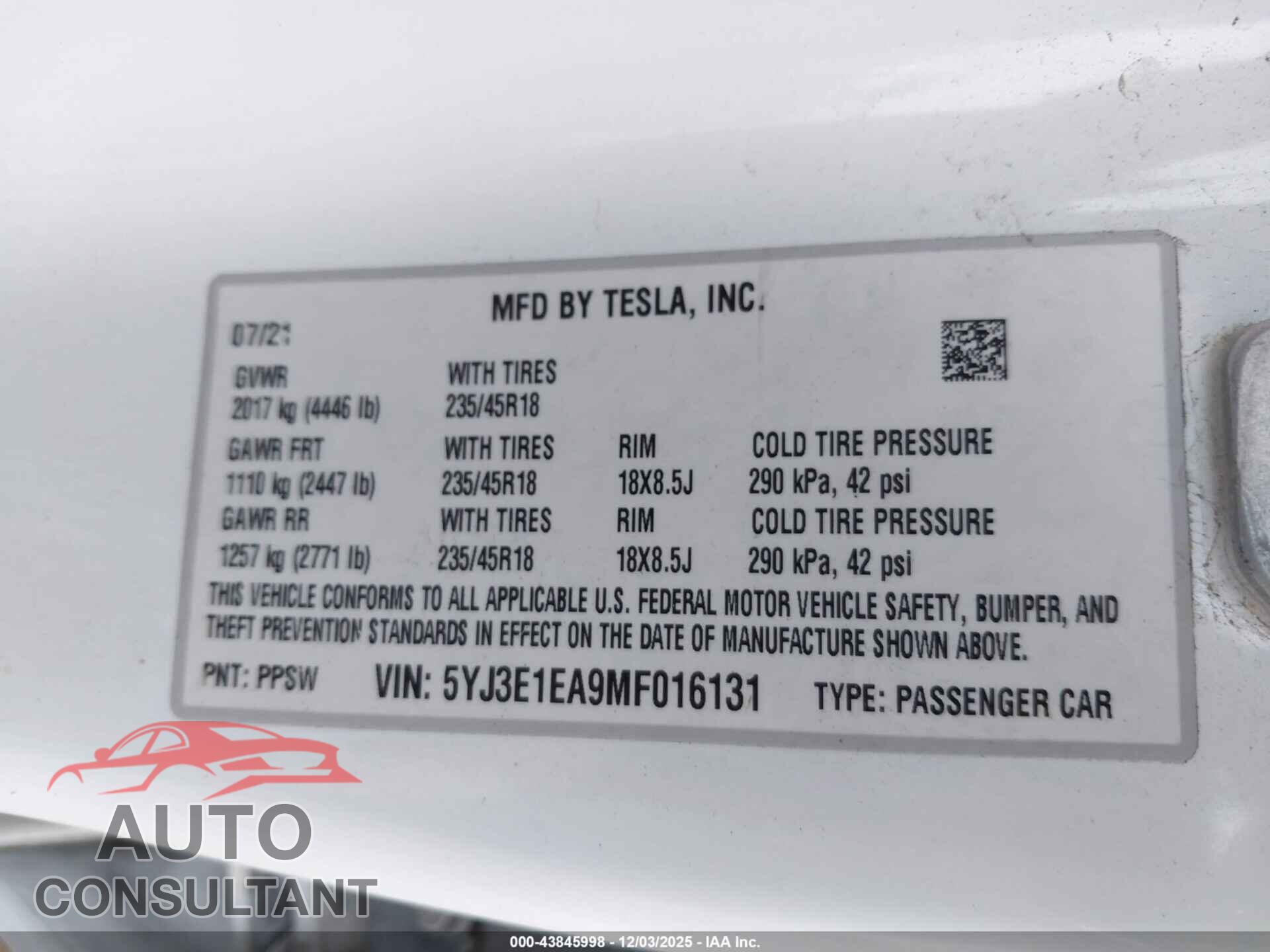 TESLA MODEL 3 2021 - 5YJ3E1EA9MF016131