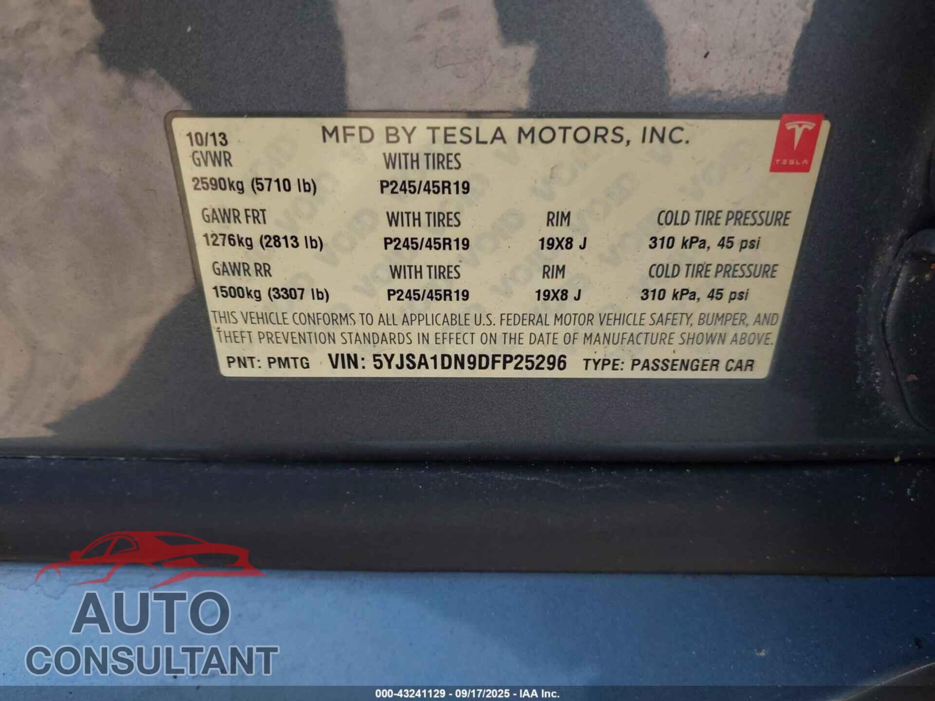 TESLA MODEL S 2013 - 5YJSA1DN9DFP25296