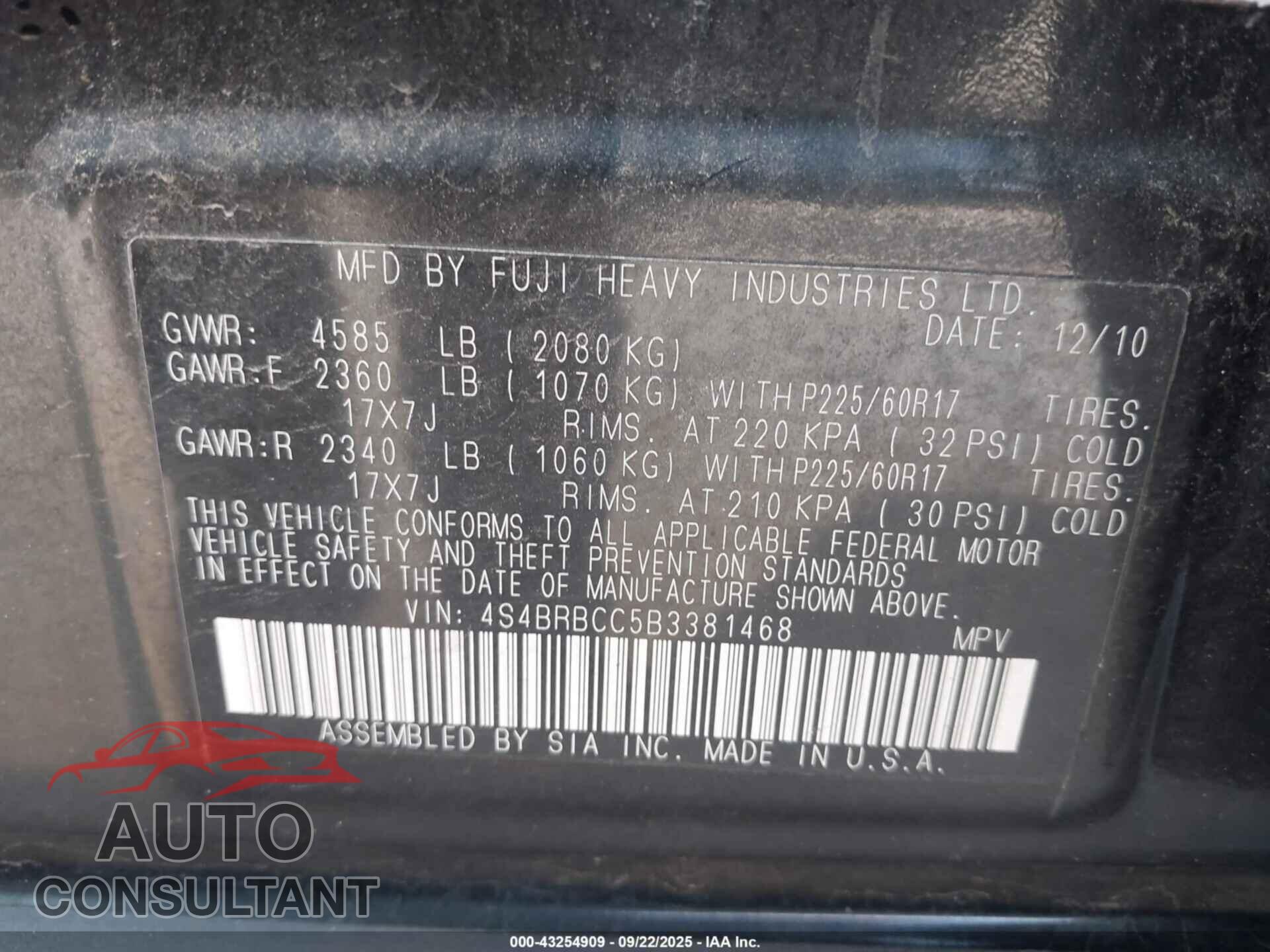 SUBARU OUTBACK 2011 - 4S4BRBCC5B3381468