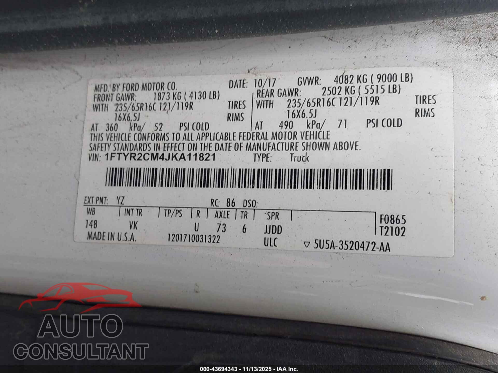 FORD TRANSIT-250 2018 - 1FTYR2CM4JKA11821