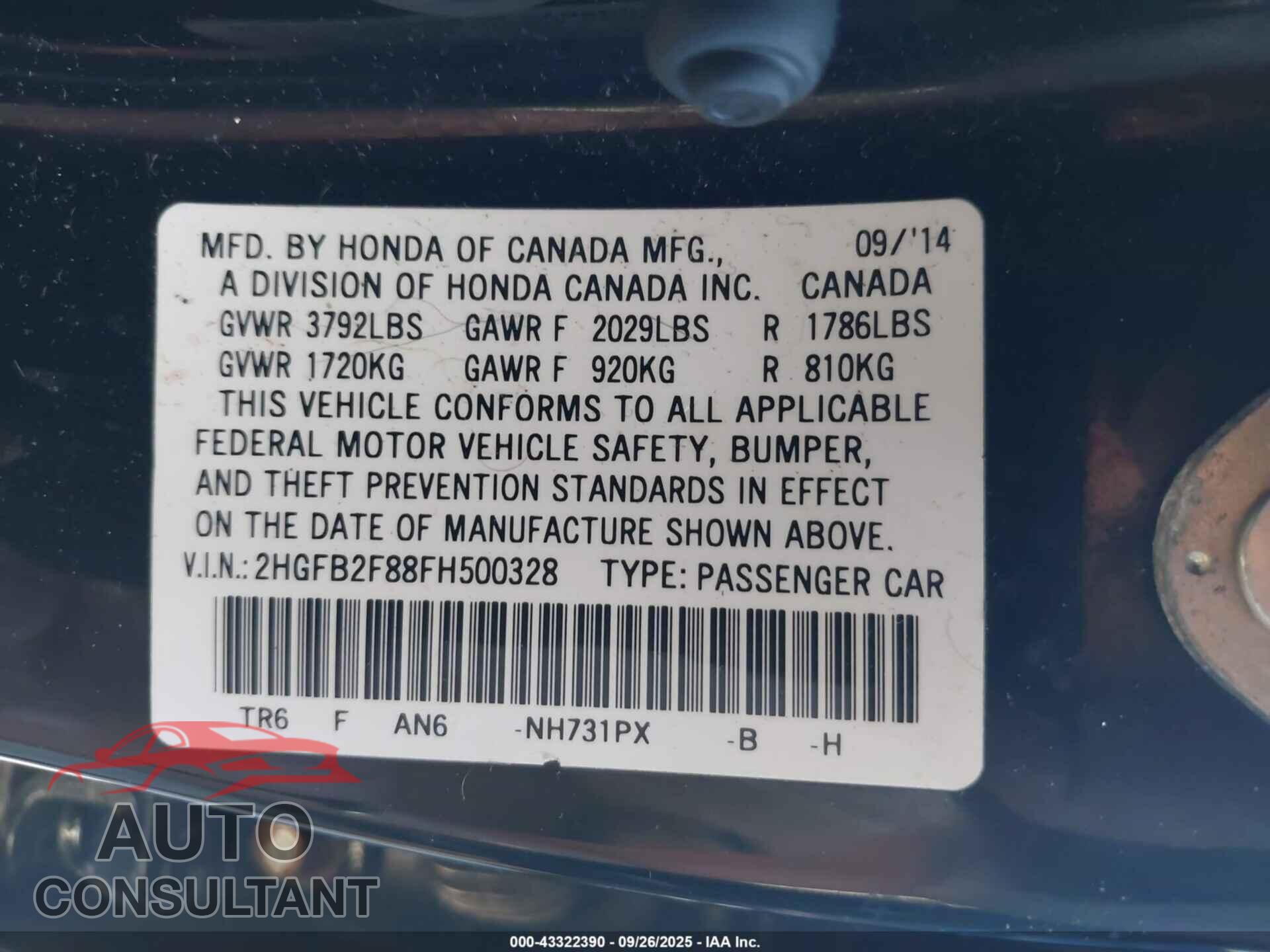 HONDA CIVIC 2015 - 2HGFB2F88FH500328