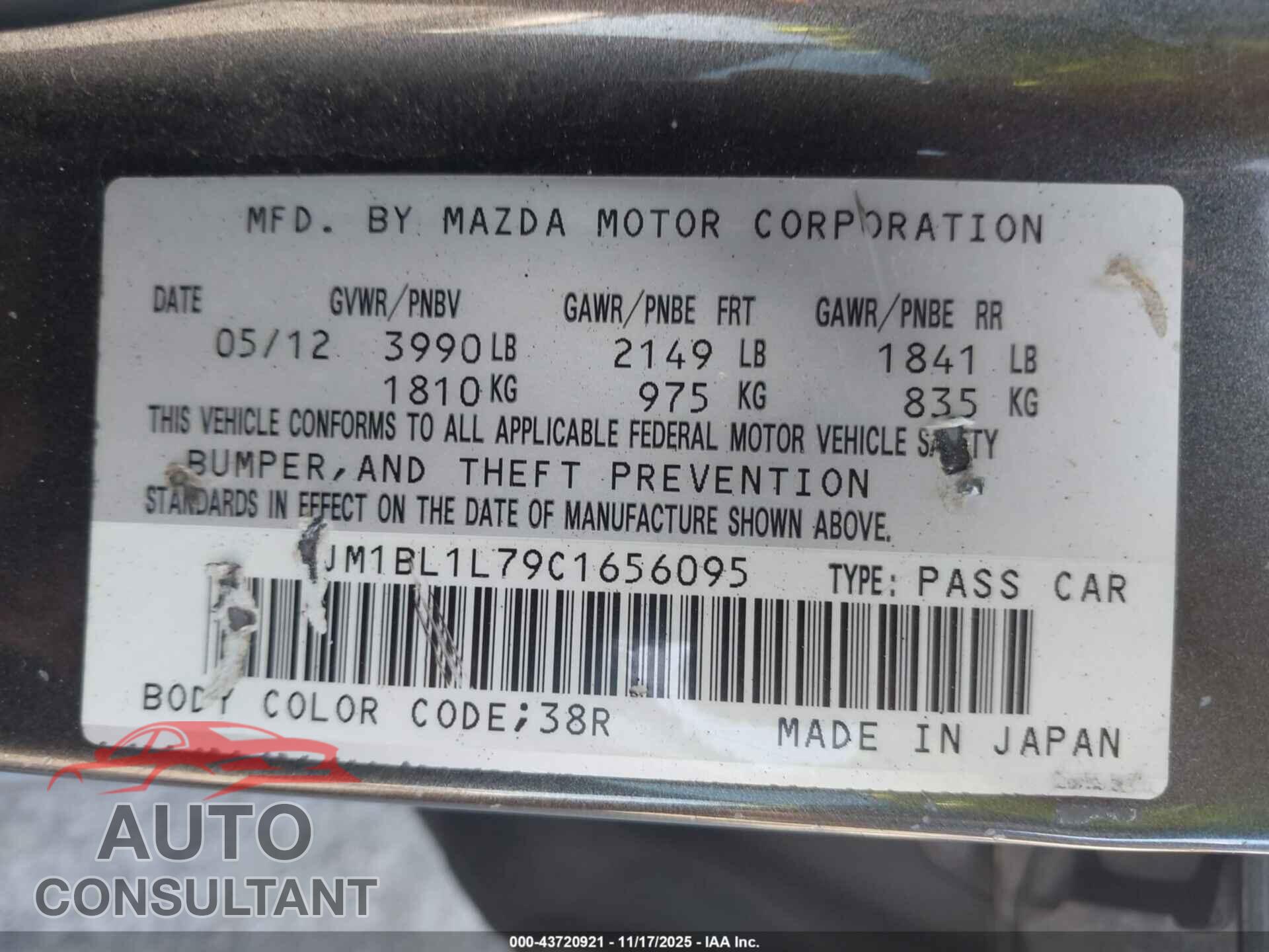 MAZDA MAZDA3 2012 - JM1BL1L79C1656095