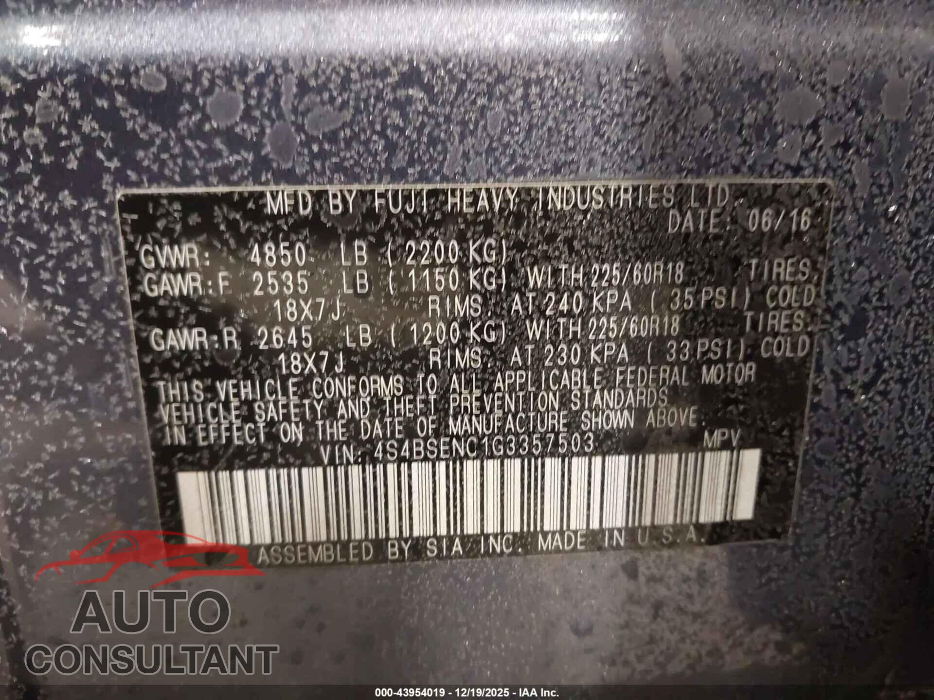 SUBARU OUTBACK 2016 - 4S4BSENC1G3357503