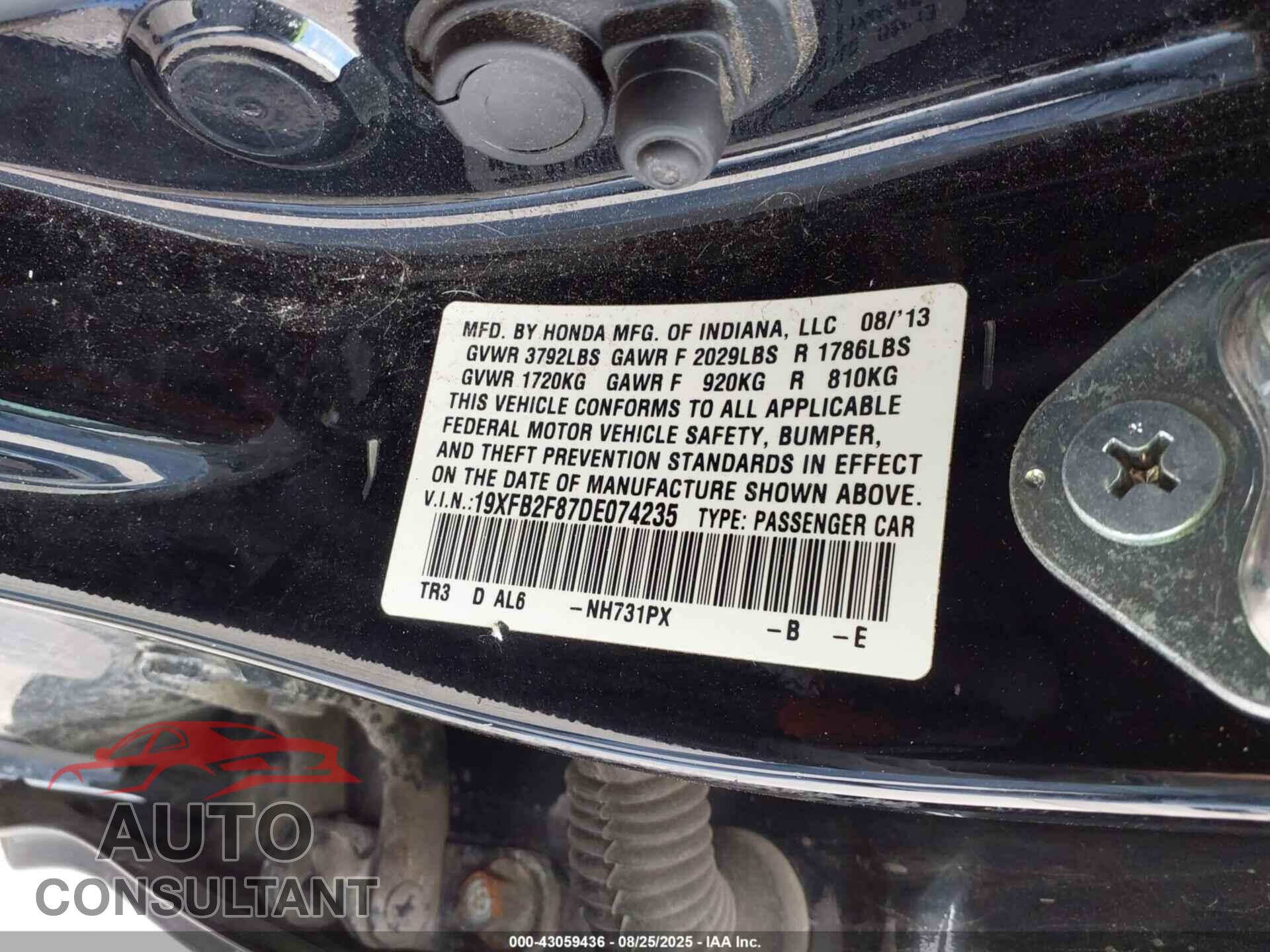 HONDA CIVIC 2013 - 19XFB2F87DE074235