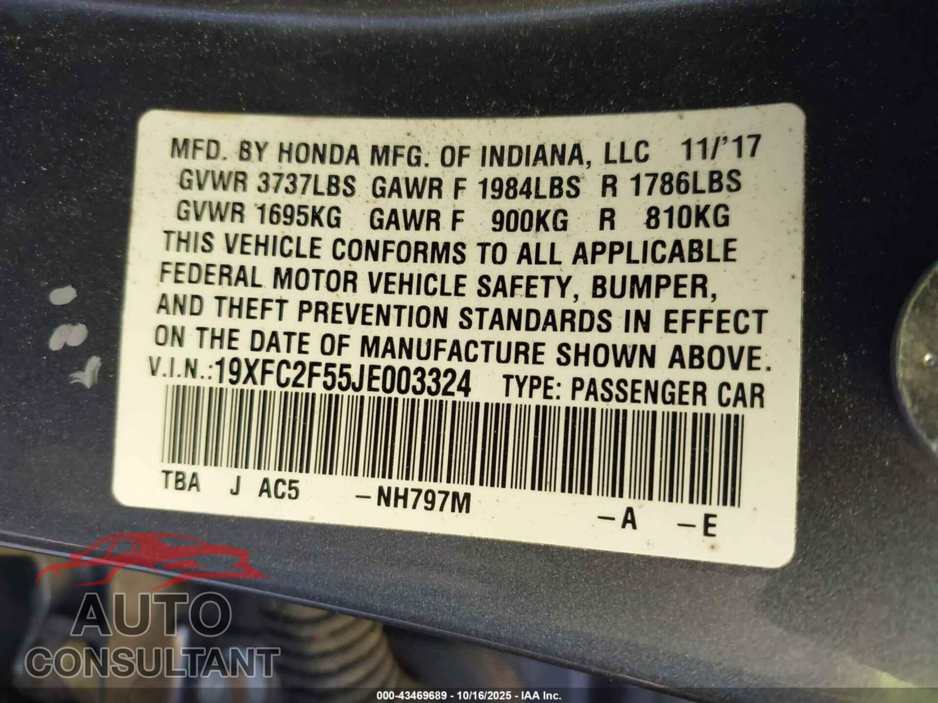 HONDA CIVIC 2018 - 19XFC2F55JE003324