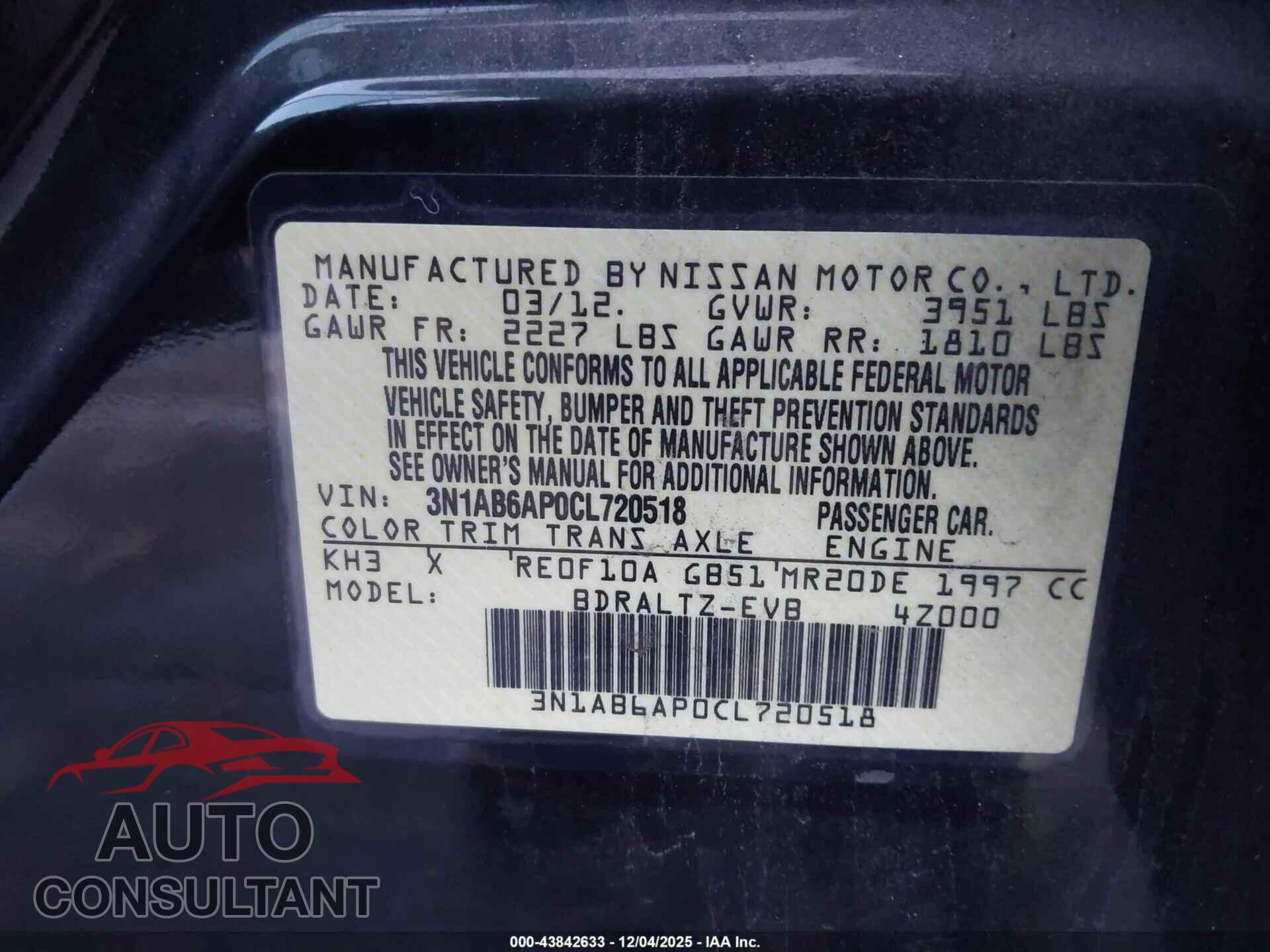 NISSAN SENTRA 2012 - 3N1AB6AP0CL720518
