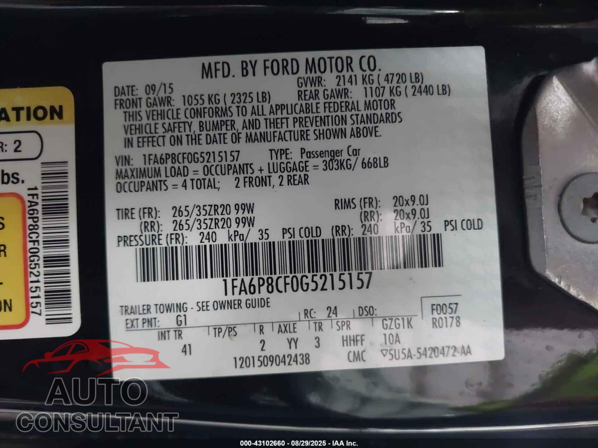 FORD MUSTANG 2016 - 1FA6P8CF0G5215157