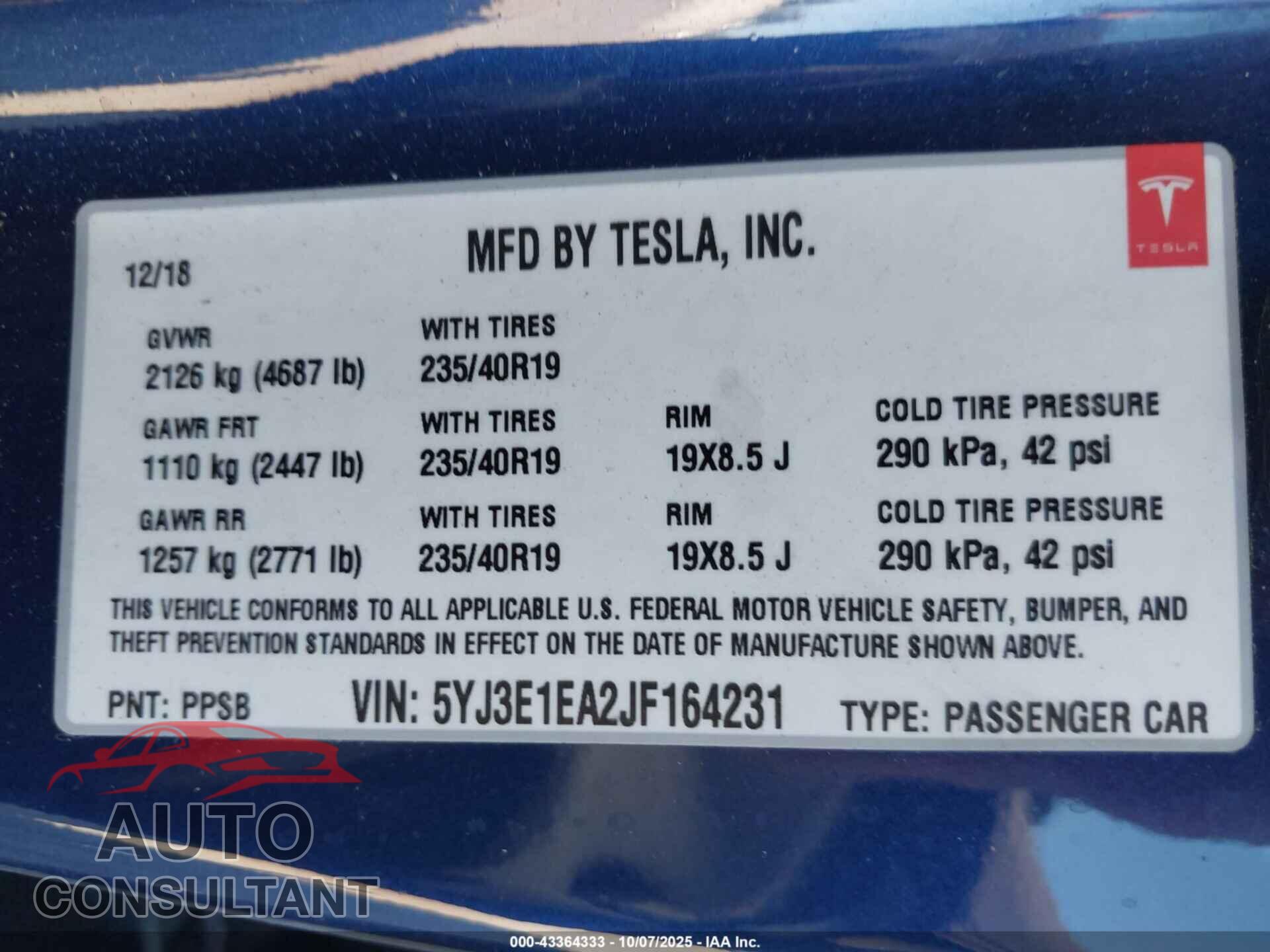 TESLA MODEL 3 2018 - 5YJ3E1EA2JF164231
