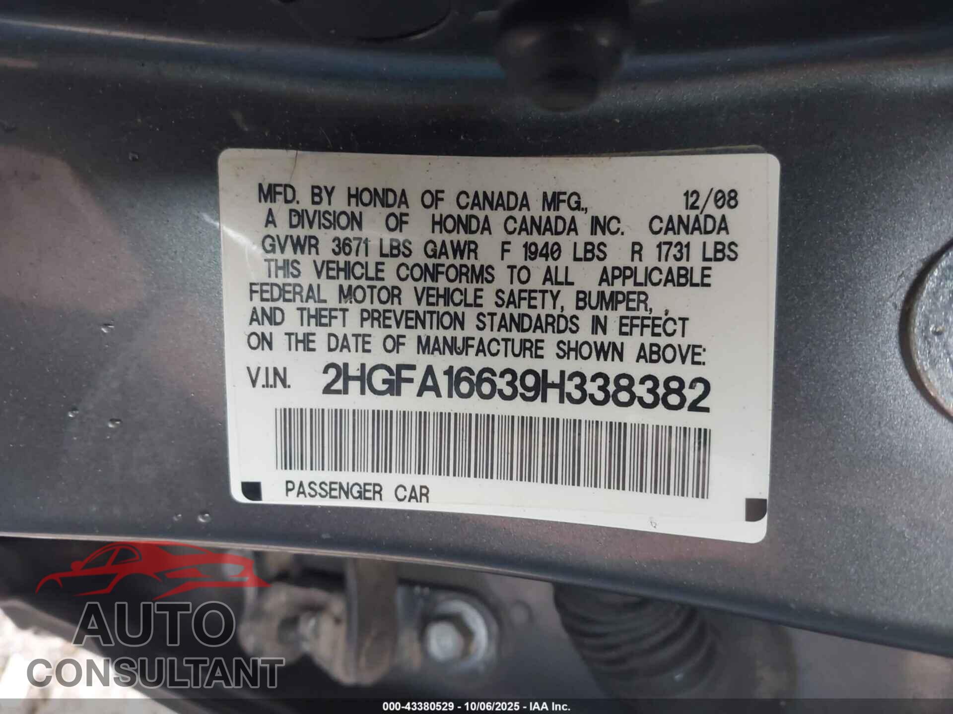 HONDA CIVIC 2009 - 2HGFA16639H338382