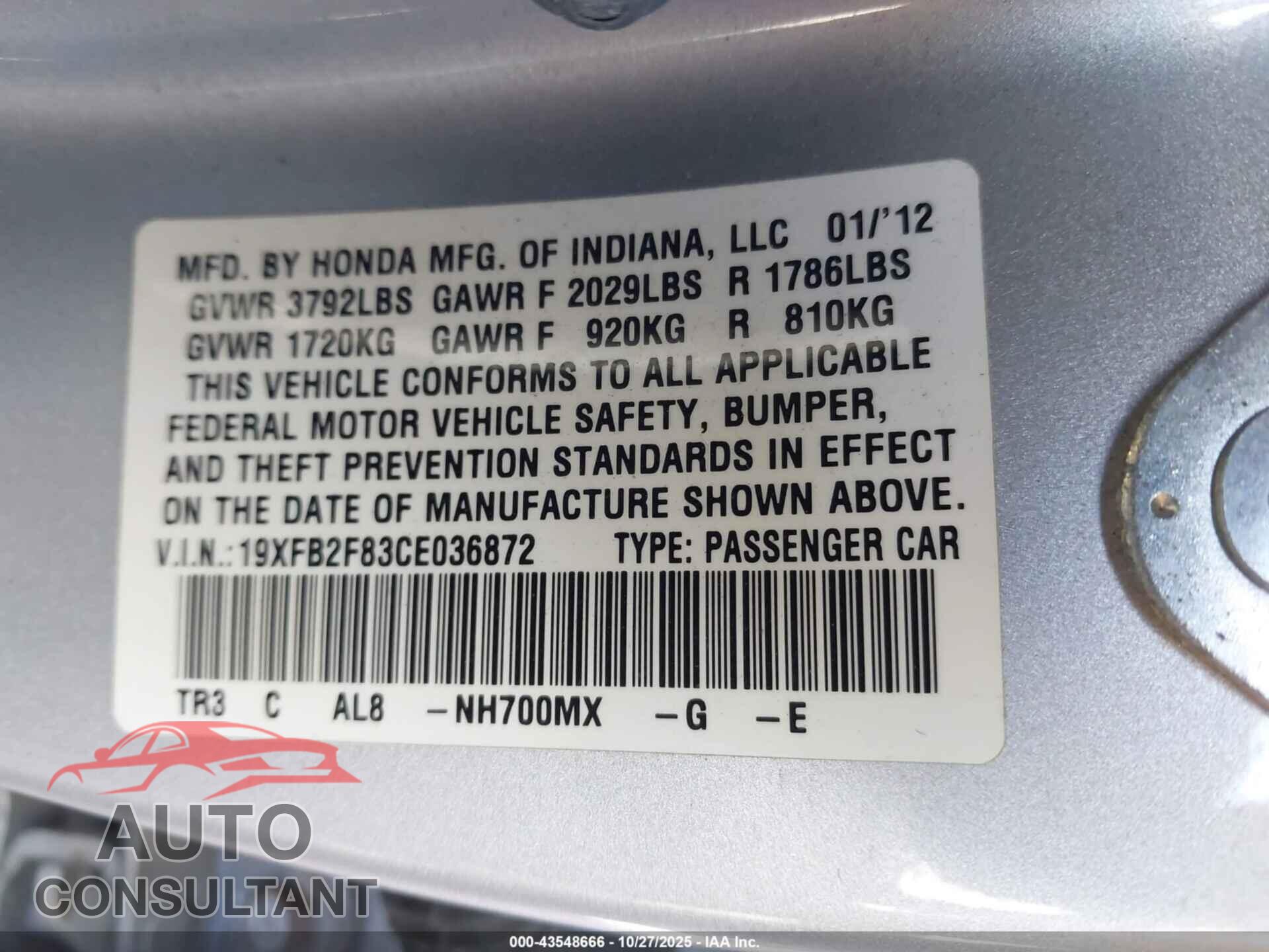 HONDA CIVIC 2012 - 19XFB2F83CE036872