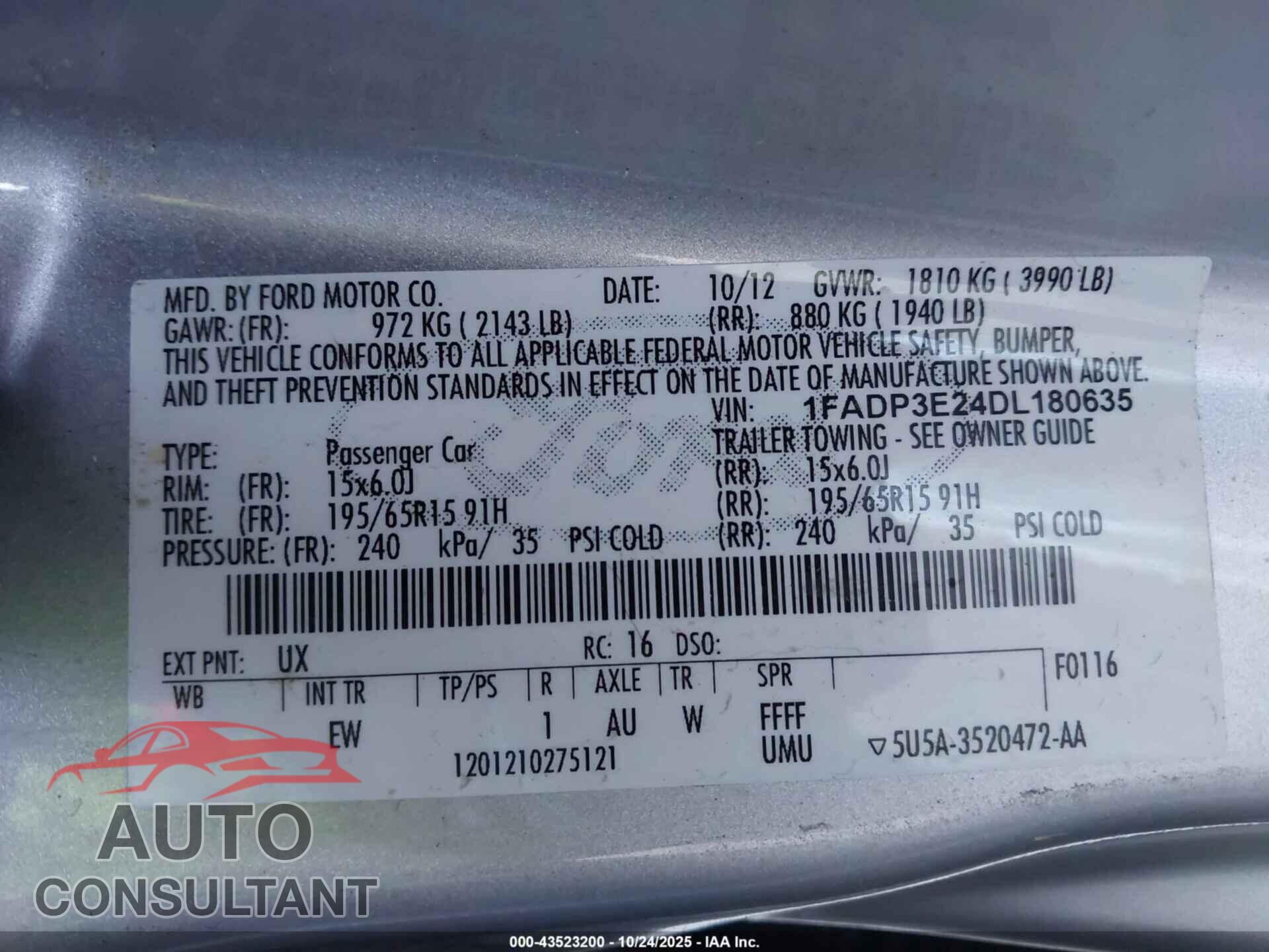 FORD FOCUS 2013 - 1FADP3E24DL180635