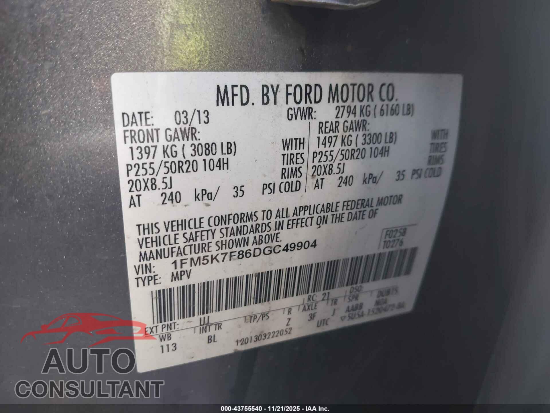 FORD EXPLORER 2013 - 1FM5K7F86DGC49904