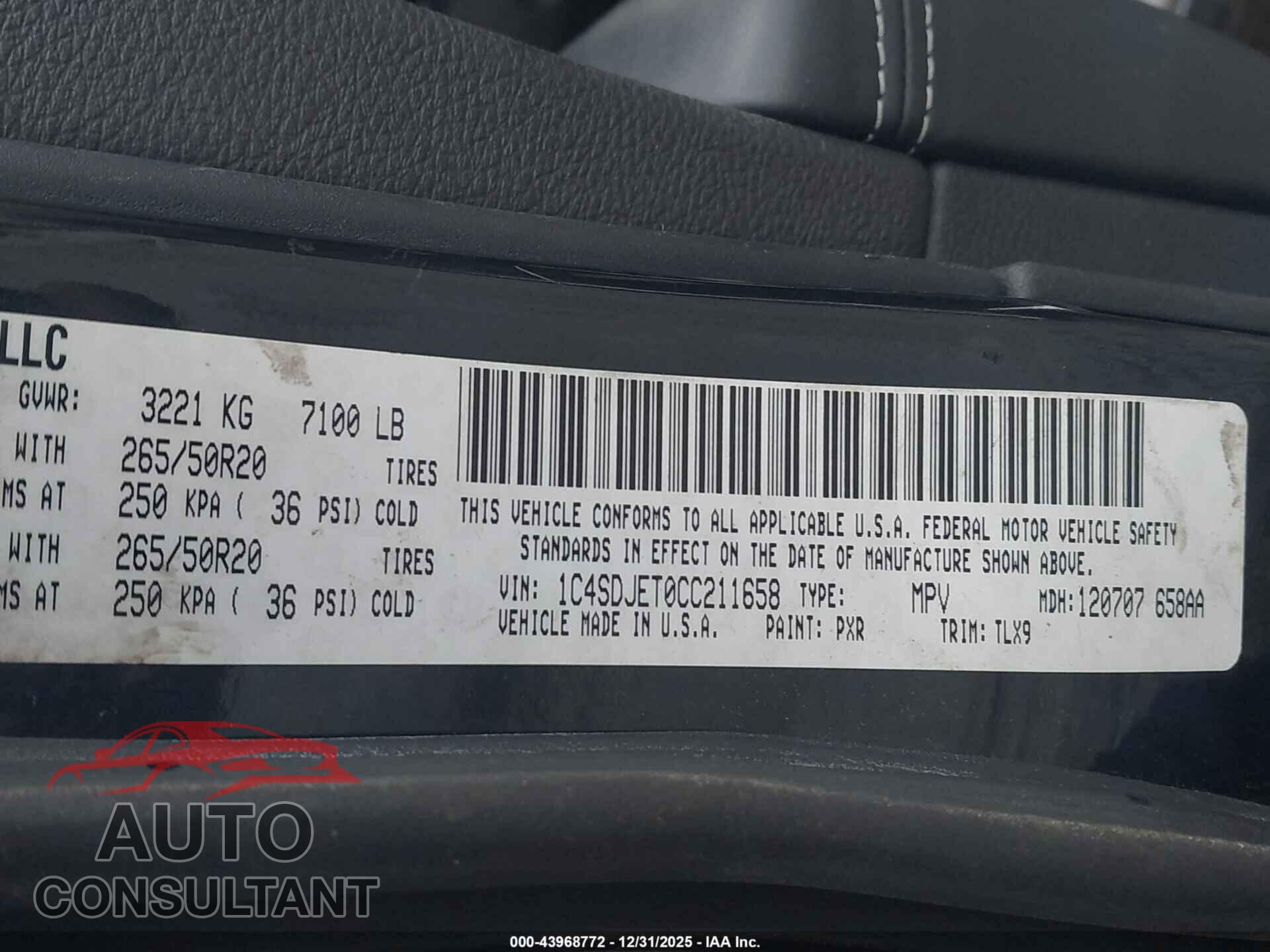 DODGE DURANGO 2012 - 1C4SDJET0CC211658