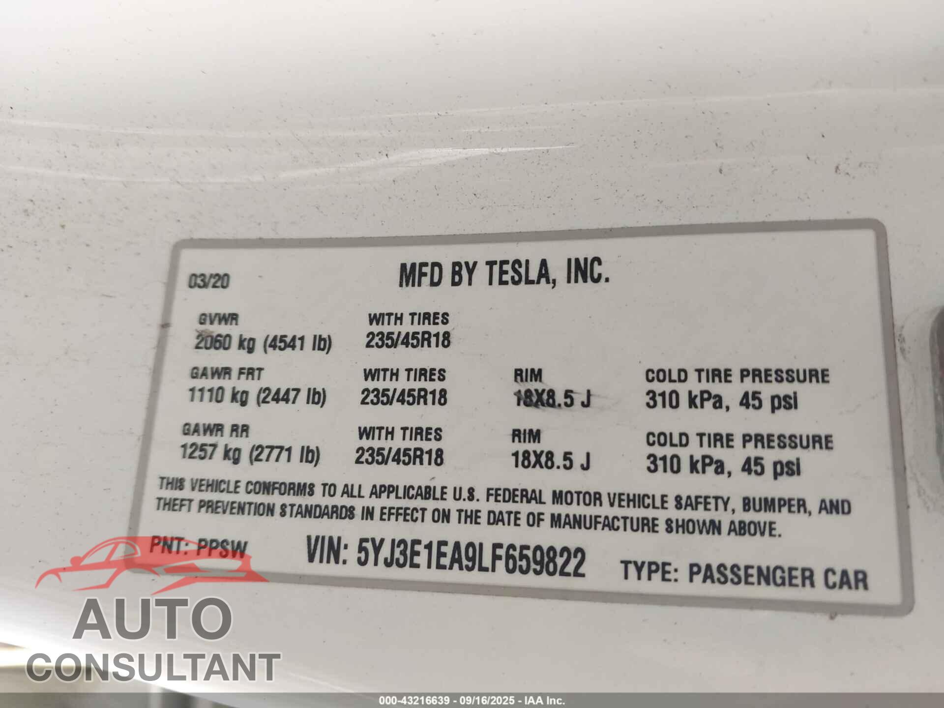 TESLA MODEL 3 2020 - 5YJ3E1EA9LF659822