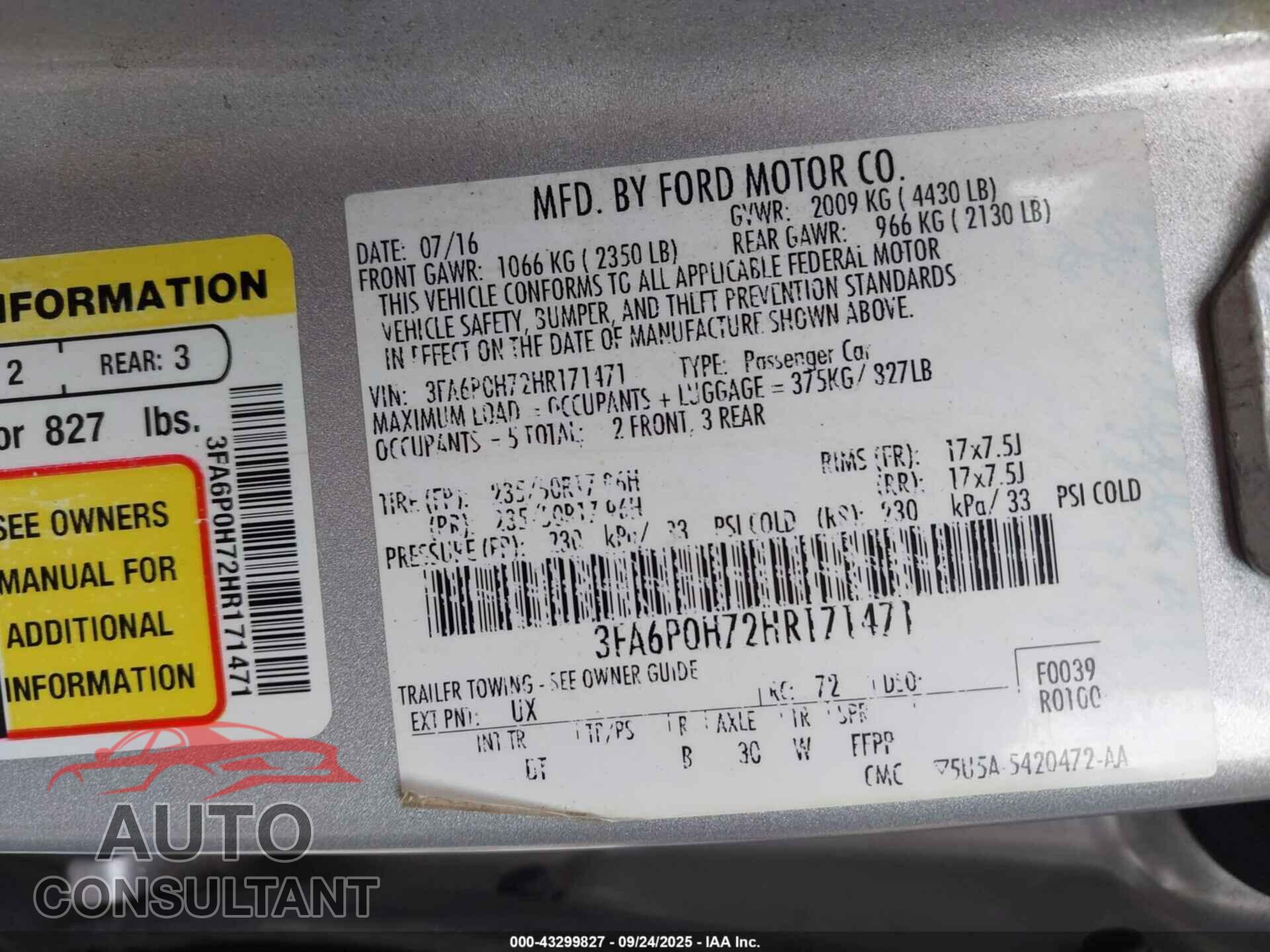 FORD FUSION 2017 - 3FA6P0H72HR171471
