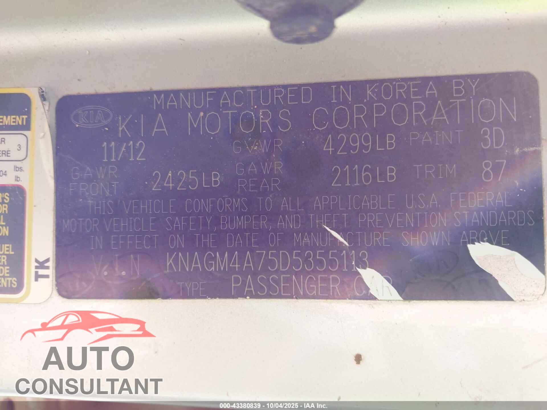 KIA OPTIMA 2013 - KNAGM4A75D5355113