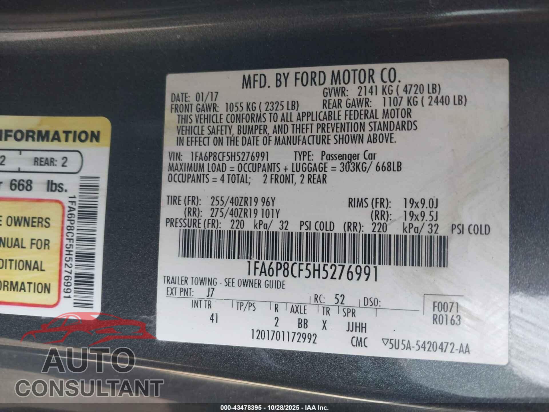 FORD MUSTANG 2017 - 1FA6P8CF5H5276991