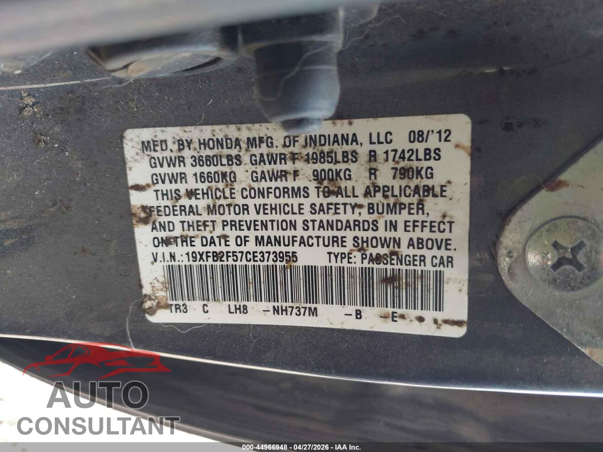 HONDA CIVIC 2012 - 19XFB2F57CE373955