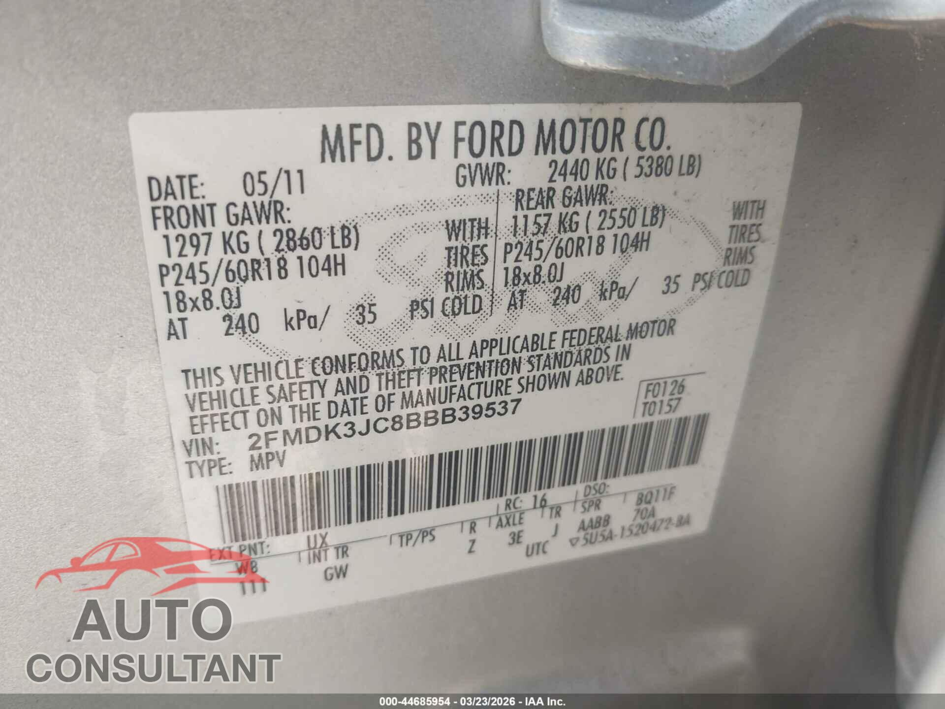 FORD EDGE 2011 - 2FMDK3JC8BBB39537