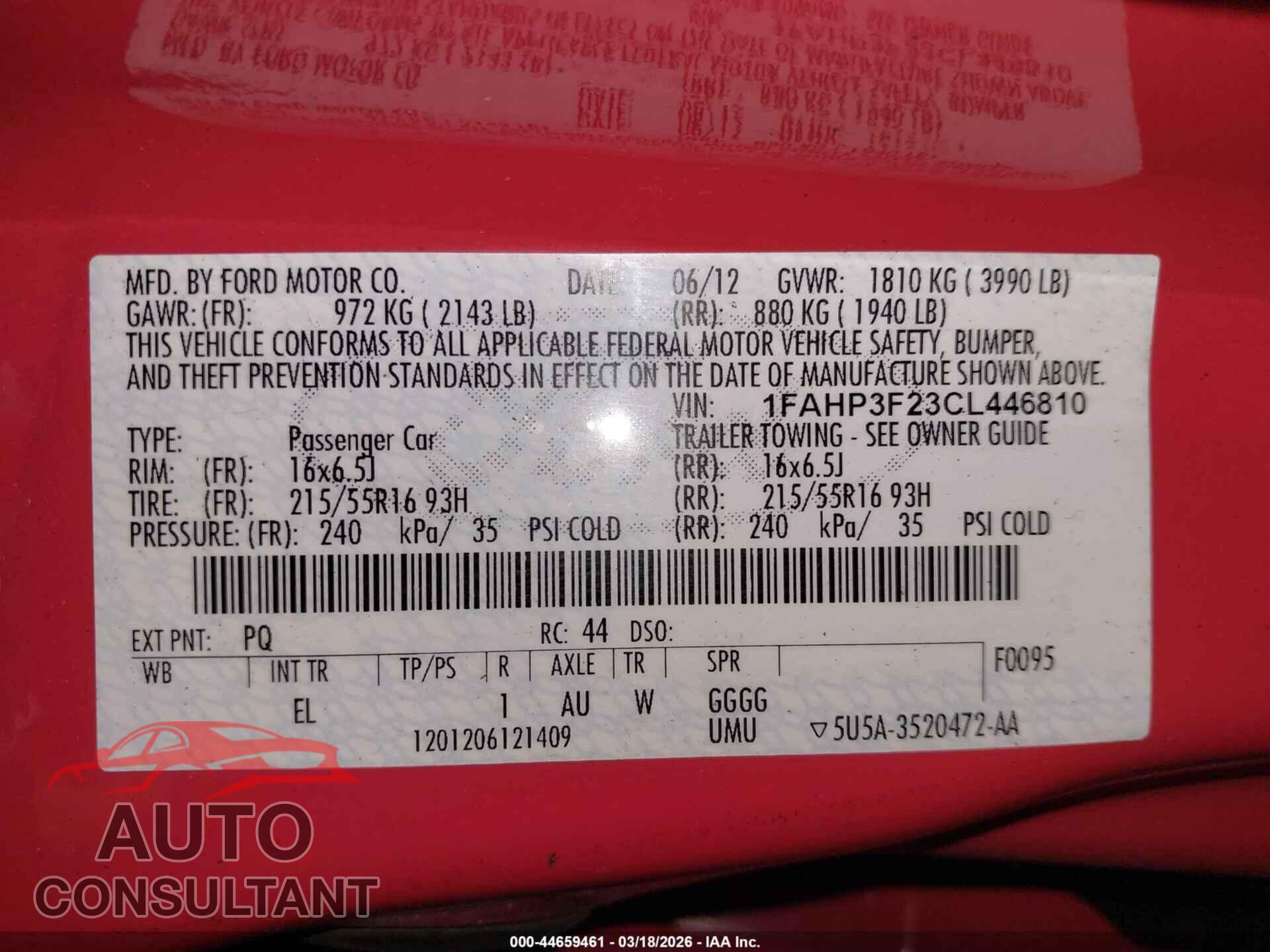 FORD FOCUS 2012 - 1FAHP3F23CL446810