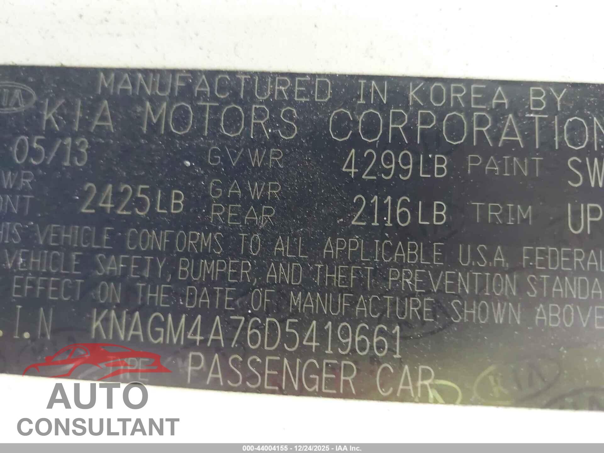 KIA OPTIMA 2013 - KNAGM4A76D5419661