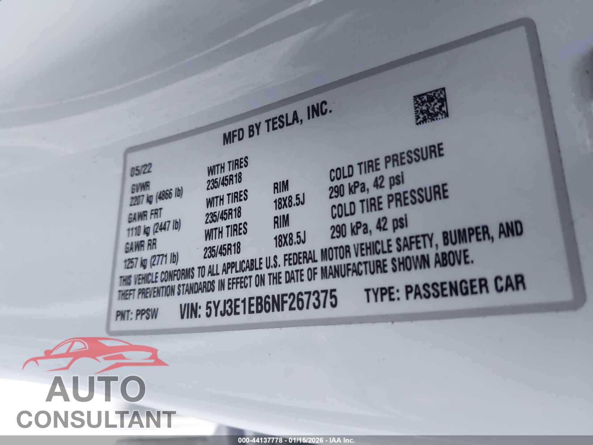 TESLA MODEL 3 2022 - 5YJ3E1EB6NF267375