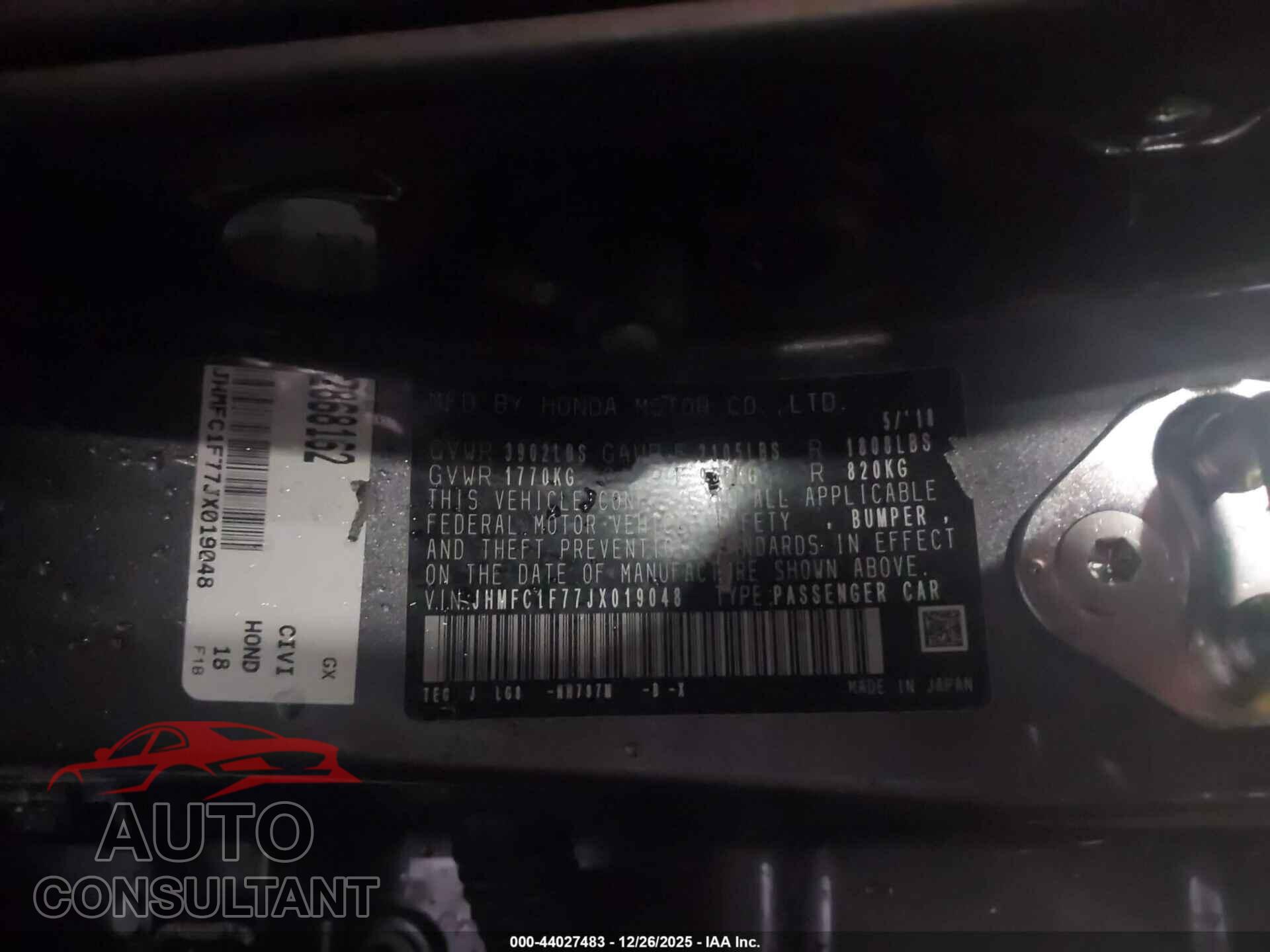HONDA CIVIC 2018 - JHMFC1F77JX019048