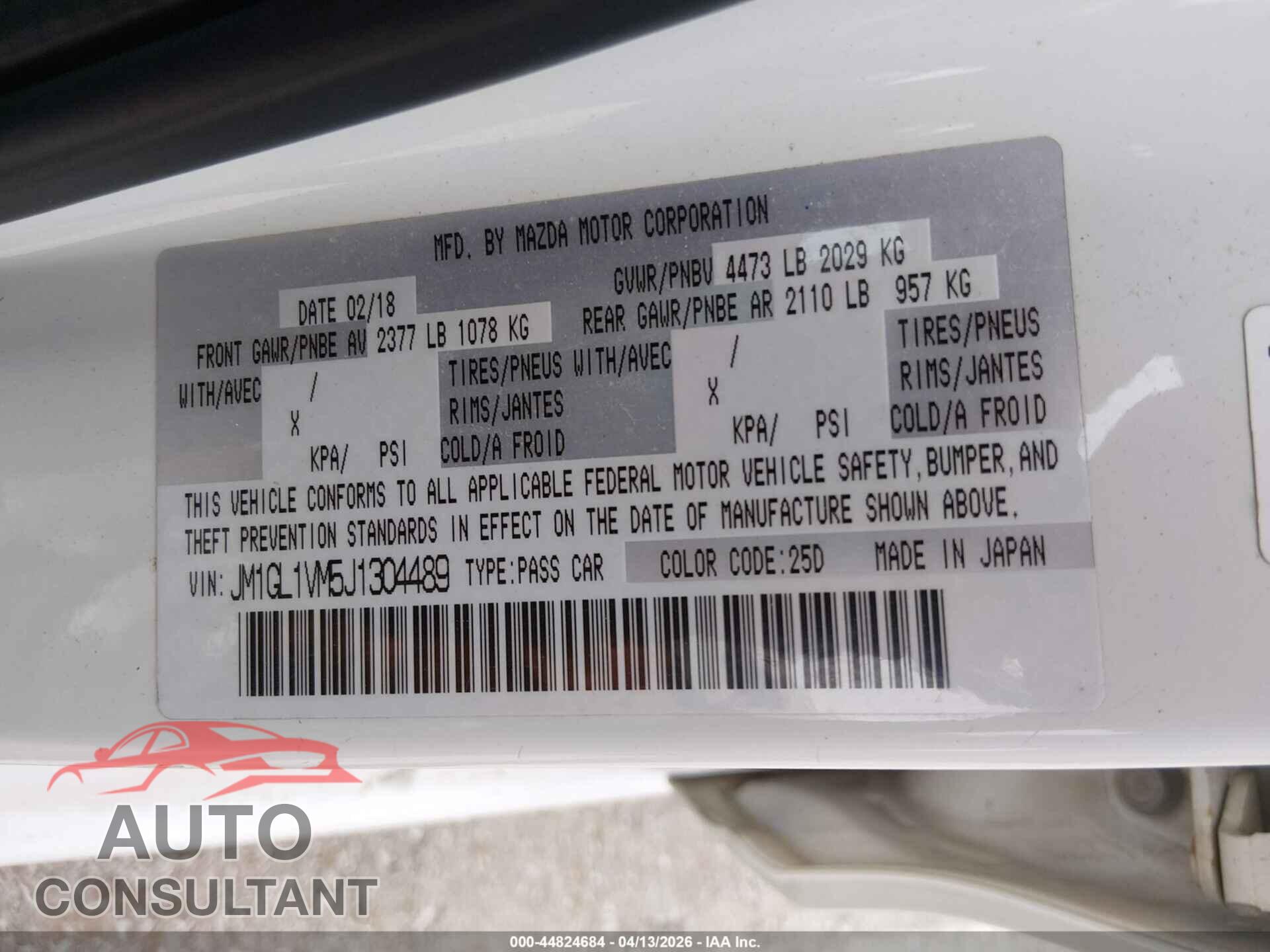 MAZDA MAZDA6 2018 - JM1GL1VM5J1304489