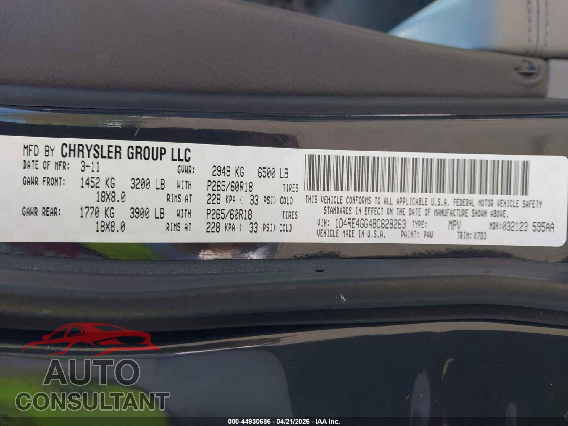 DODGE DURANGO 2011 - 1D4RE4GG4BC628263
