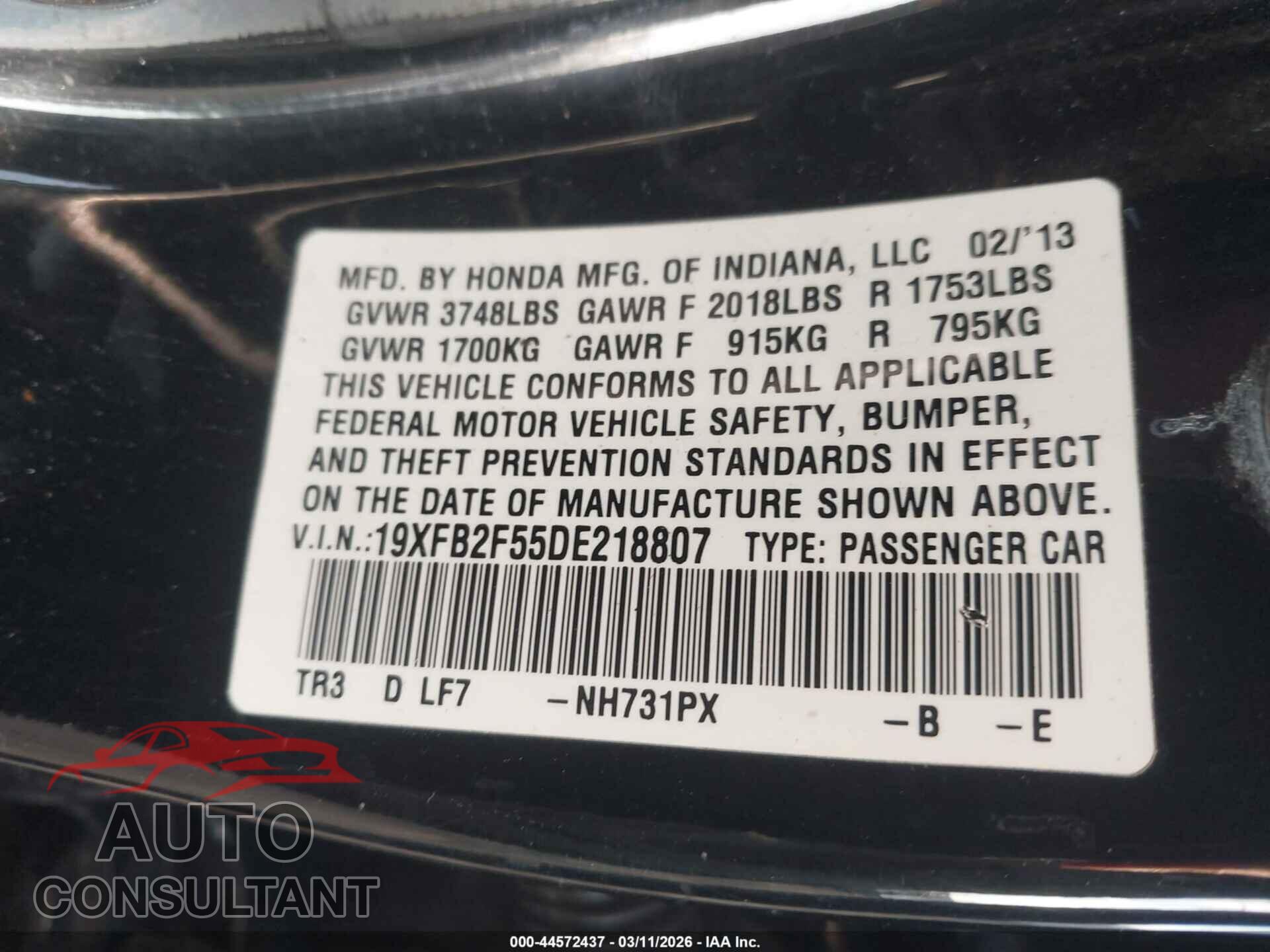 HONDA CIVIC 2013 - 19XFB2F55DE218807