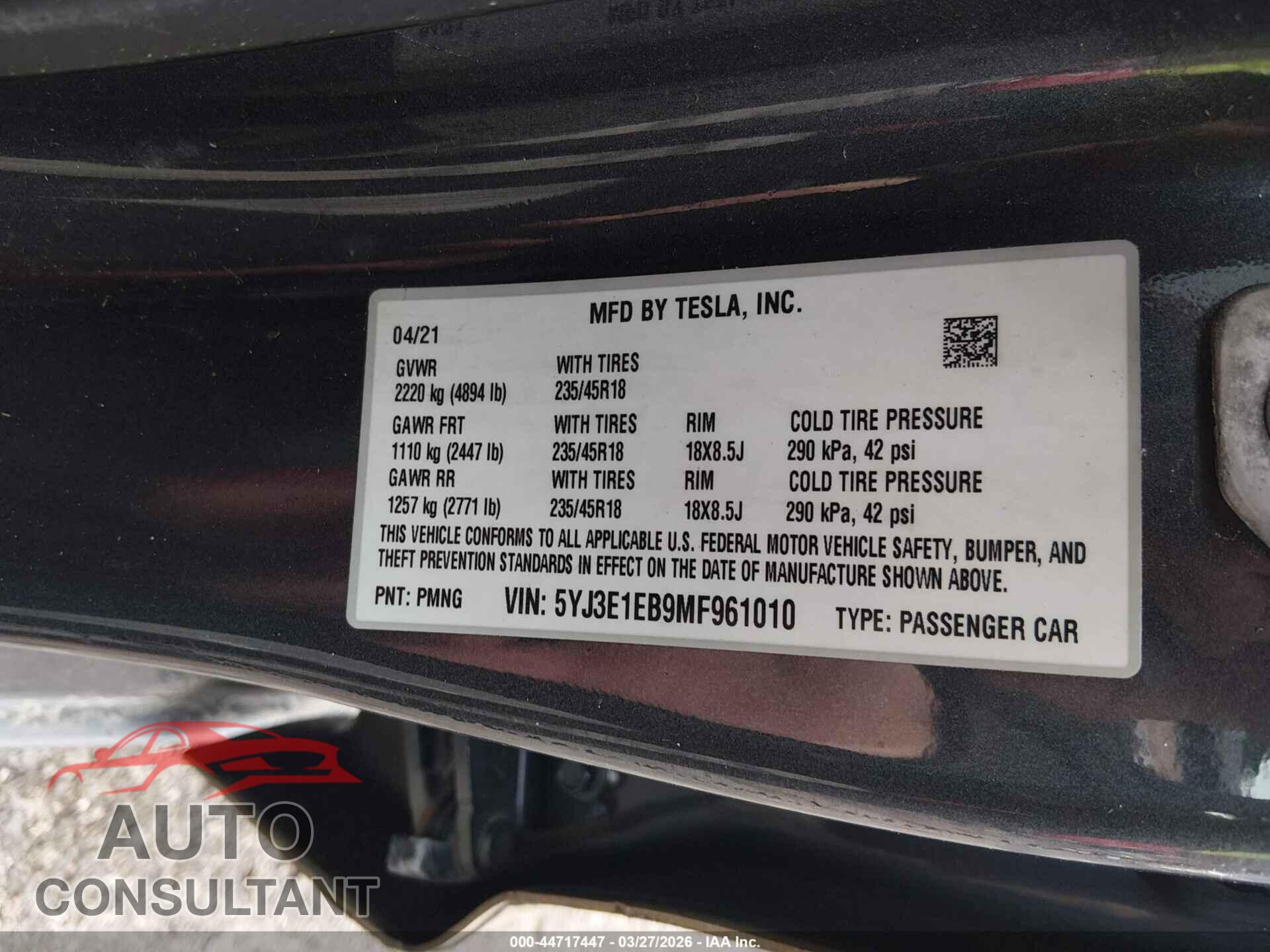 TESLA MODEL 3 2021 - 5YJ3E1EB9MF961010