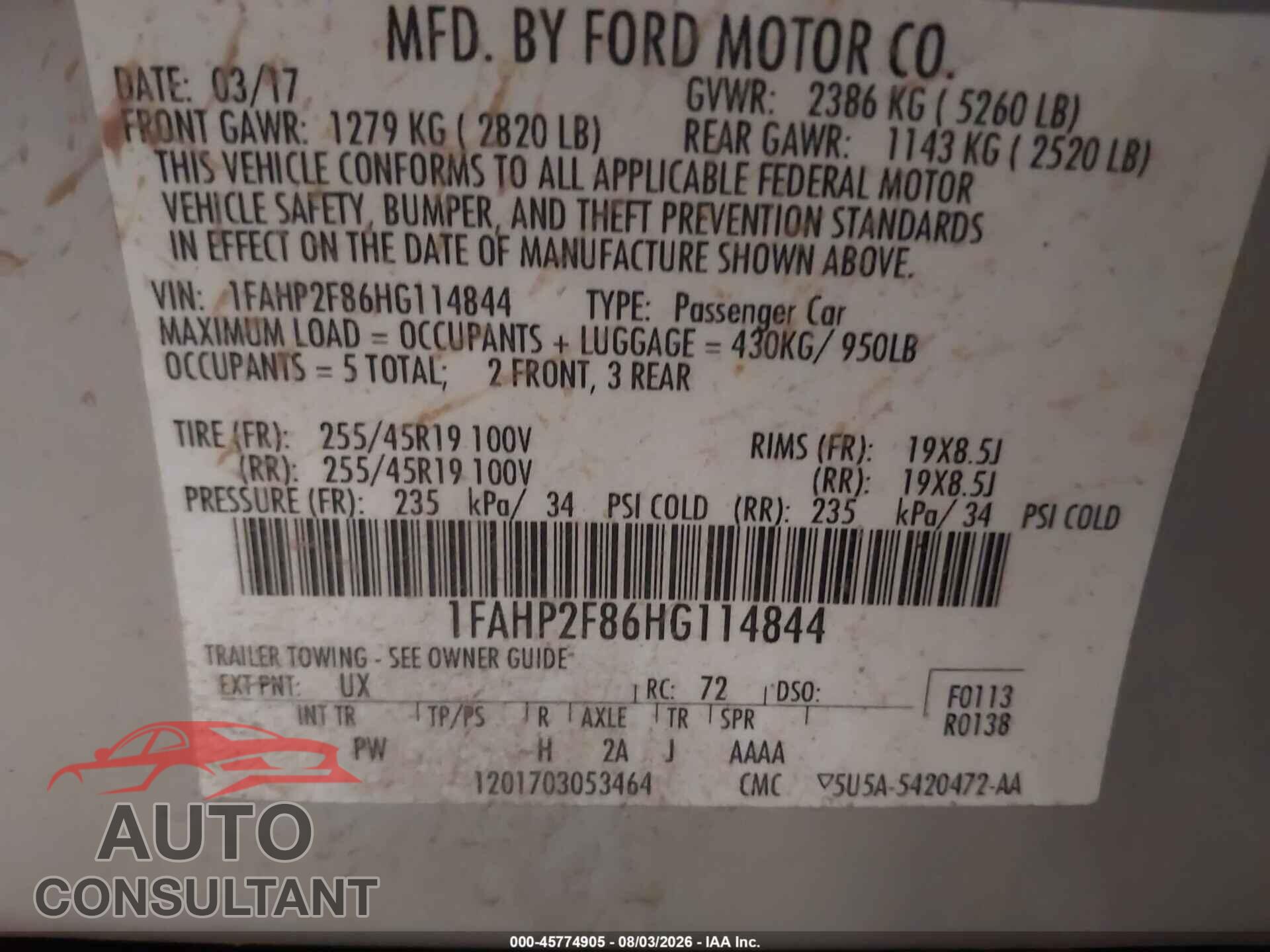 FORD TAURUS 2017 - 1FAHP2F86HG114844