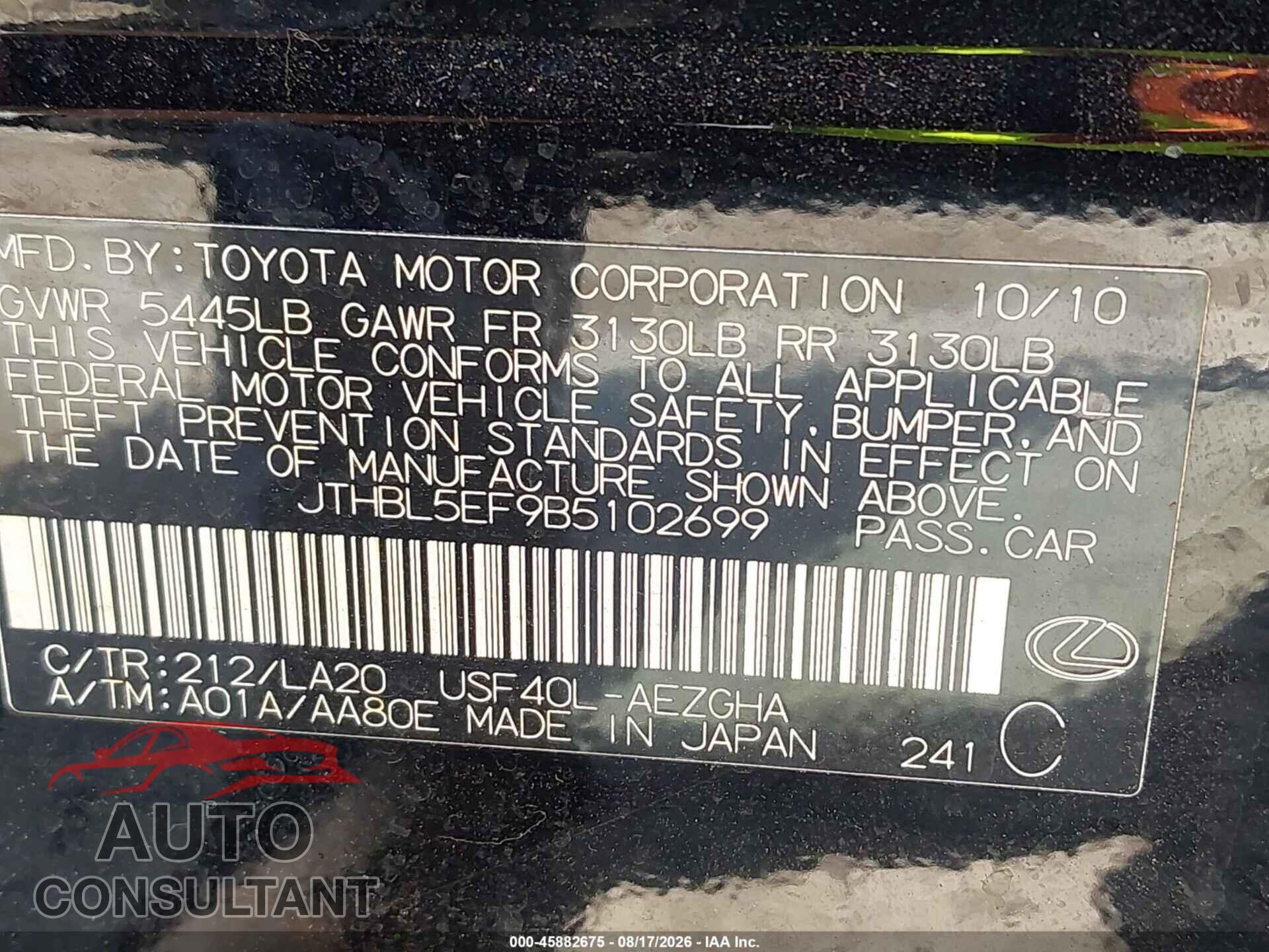 LEXUS LS 460 2011 - JTHBL5EF9B5102699