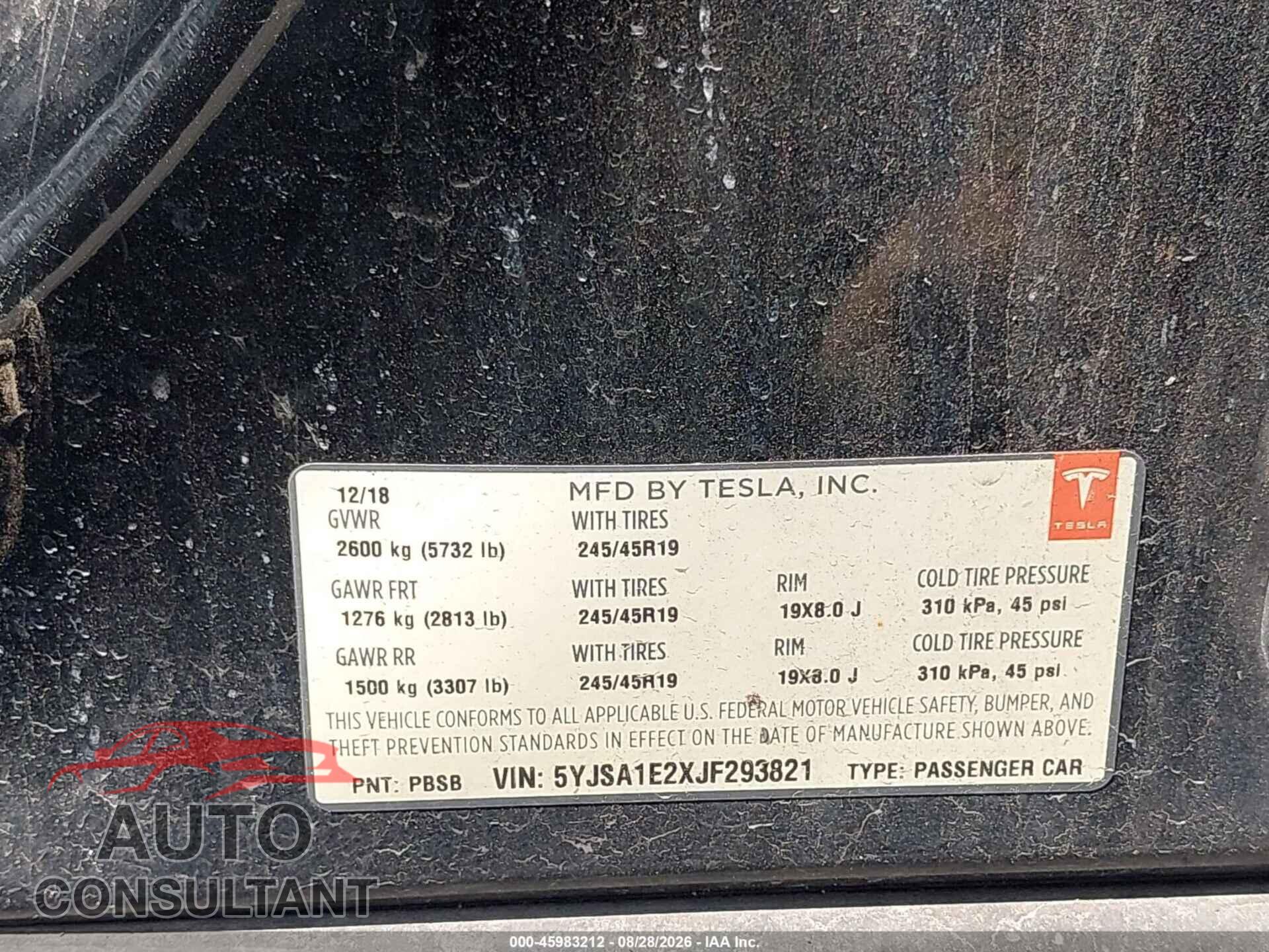 TESLA MODEL S 2018 - 5YJSA1E2XJF293821