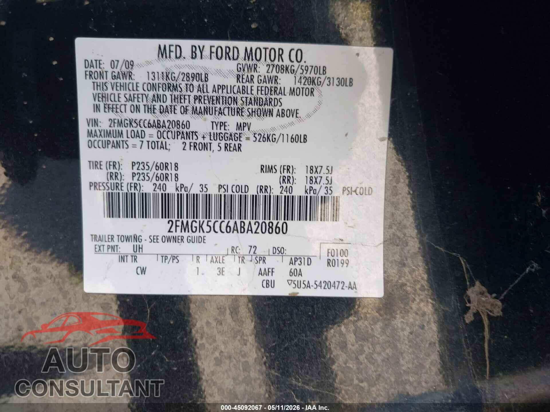 FORD FLEX 2010 - 2FMGK5CC6ABA20860