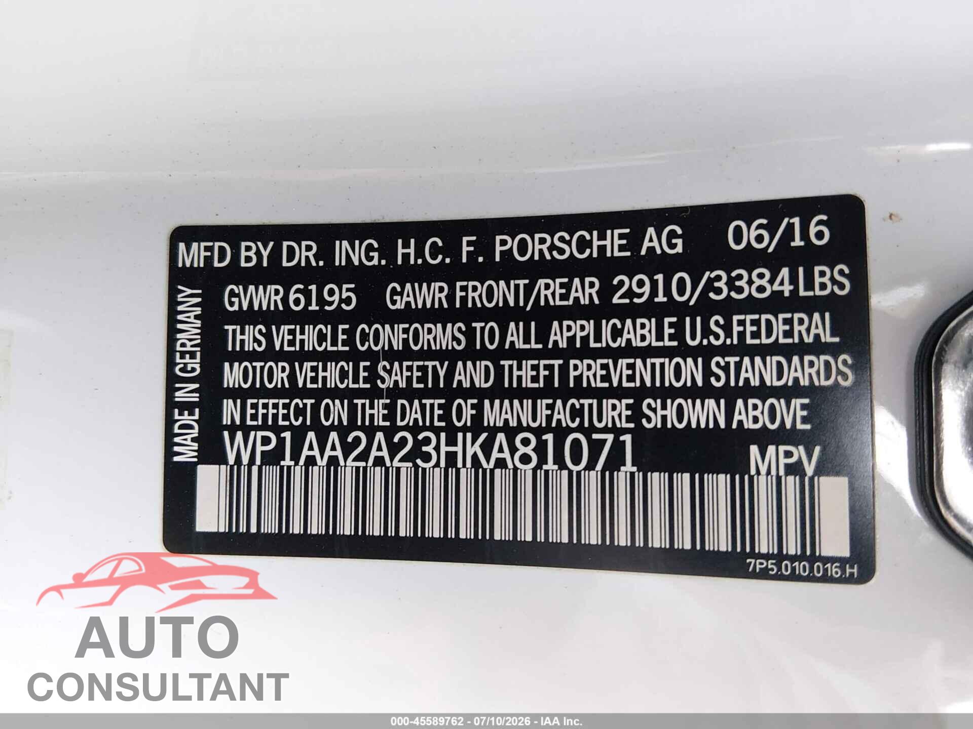 PORSCHE CAYENNE 2017 - WP1AA2A23HKA81071